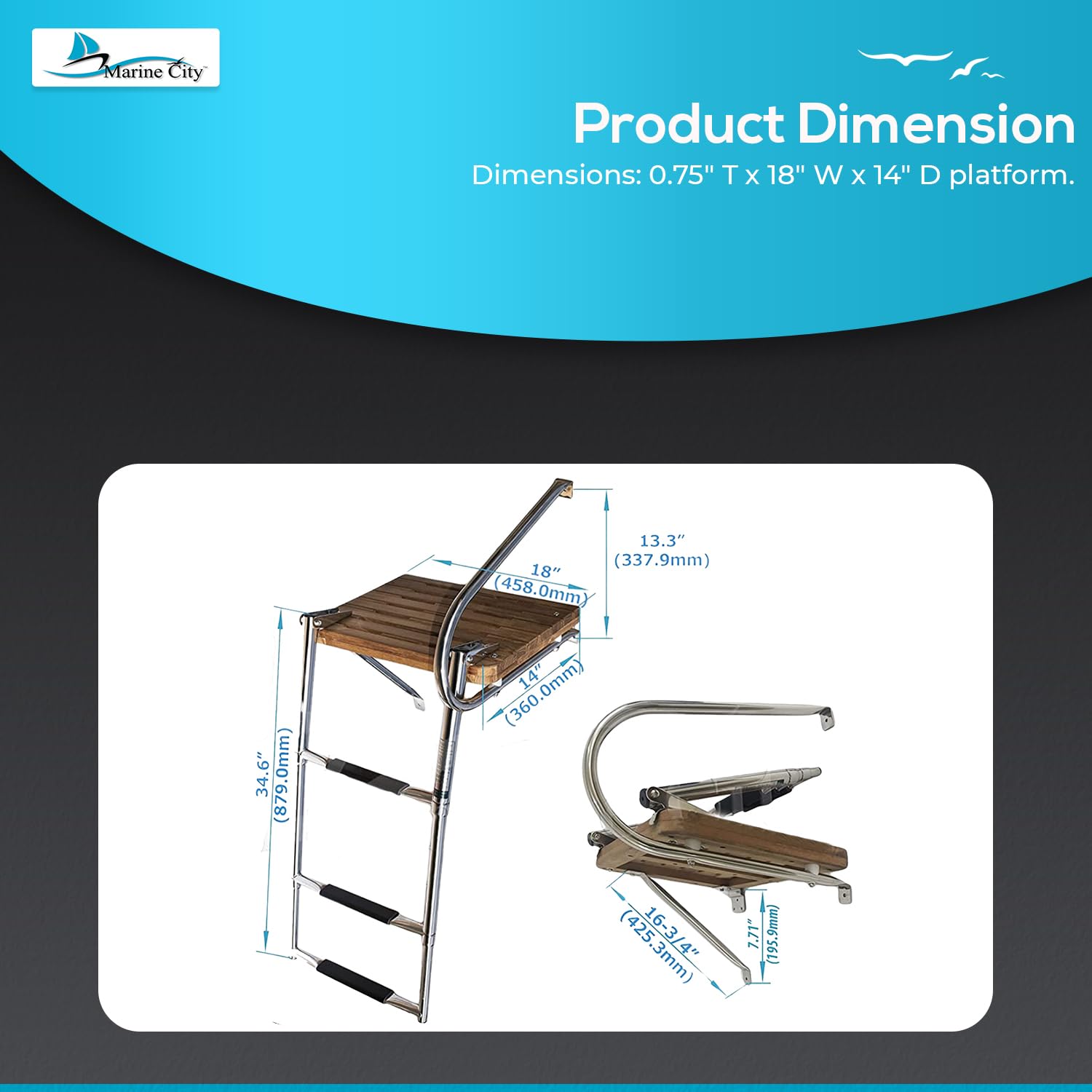 MARINE CITY Stainless Steel Swim Teak Platform Boat Ladder - Corrosion Resistant Marine Ladder for Boats, Ships & Yachts | Low Maintenance Design | Perfect for Swimming, Boarding & Water Sports Activities