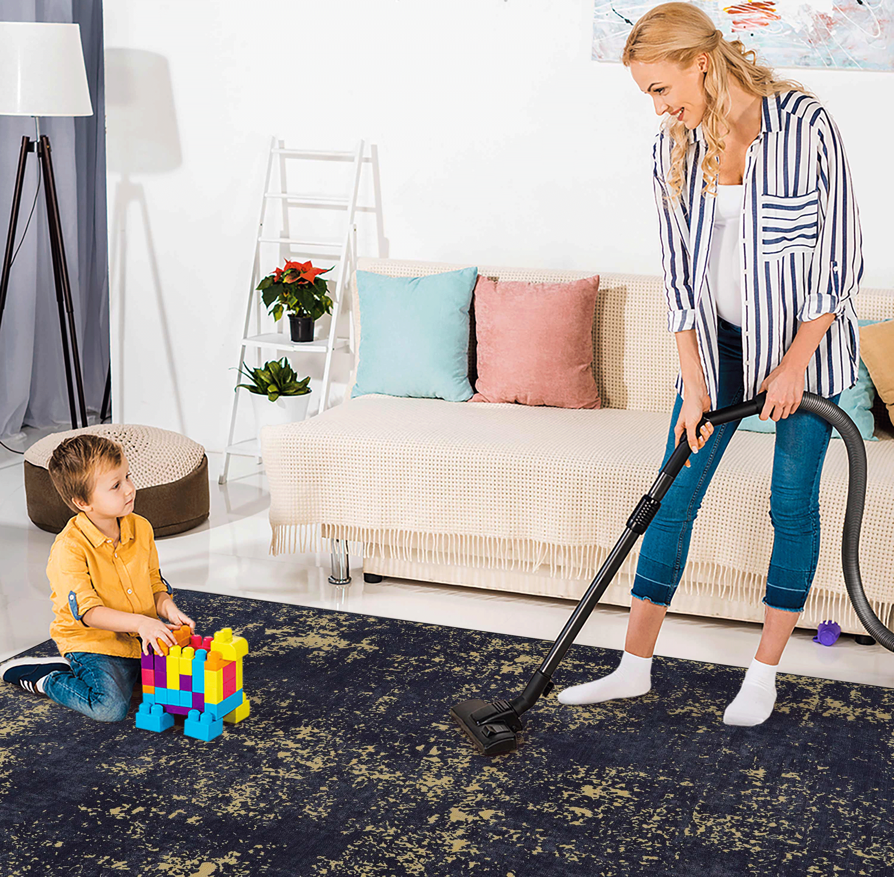 DTY Signature 8x10 Washable Low Pile Non-Slip Non-Shedding Foldable Area Rug - Kid & Pet Friendly - Perfect for Living Room, Bedroom, Kitchen (Black/Gold, 8' x 10') - Adds Comfort & Style to Your Home Decor