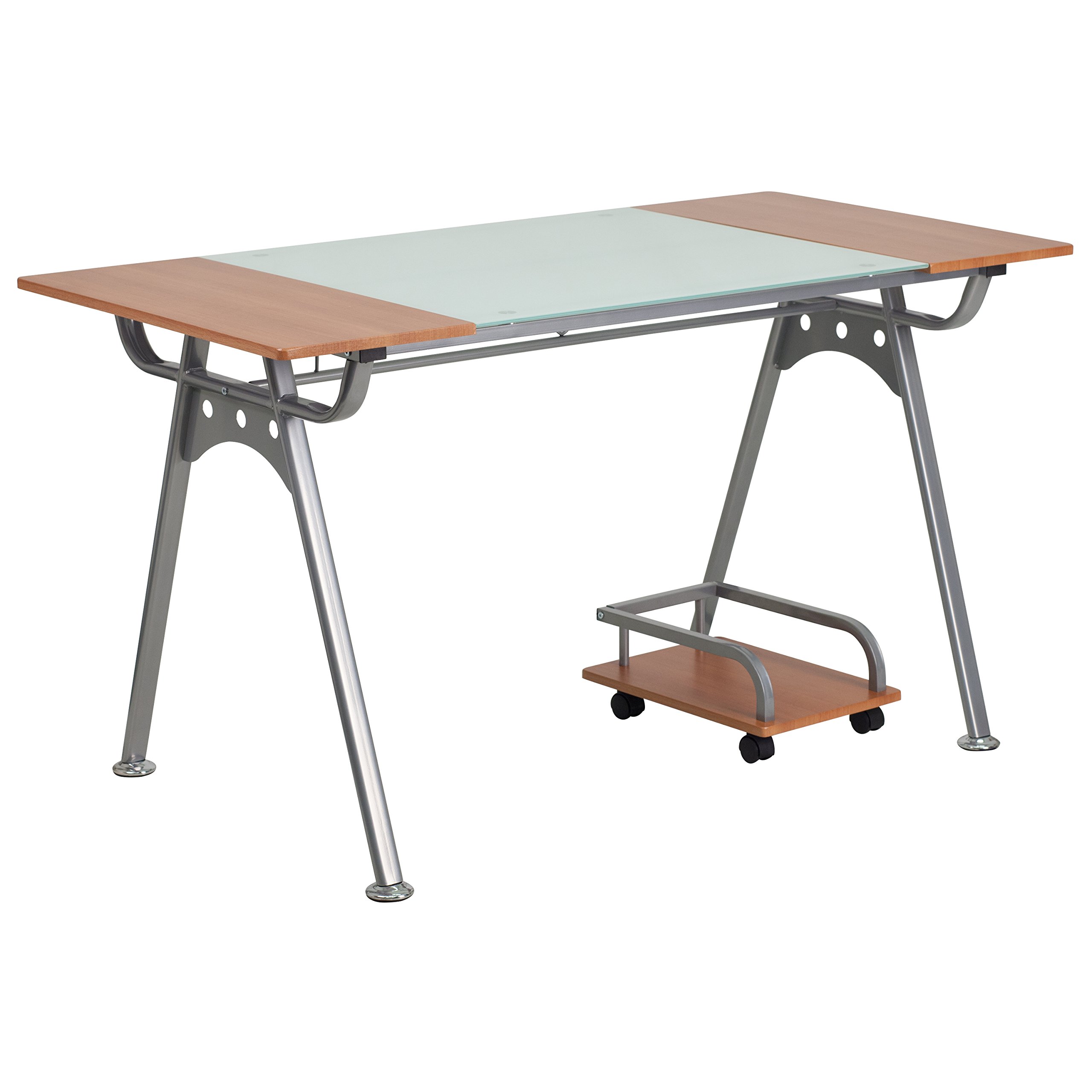 Flash Furniture Modern Computer Desk with Tempered Glass & Cherry Laminate Top - Home Office Workstation for Small Spaces, Gaming & Study Desk