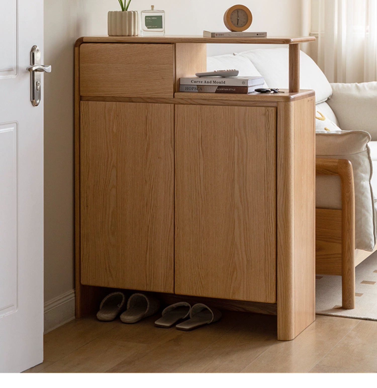 Solid Oak Wood Shoe Cabinet with Partition - Entryway Storage Organizer for Shoes, Boots & Accessories - Perfect for Porch, Mudroom, or Hallway Closet