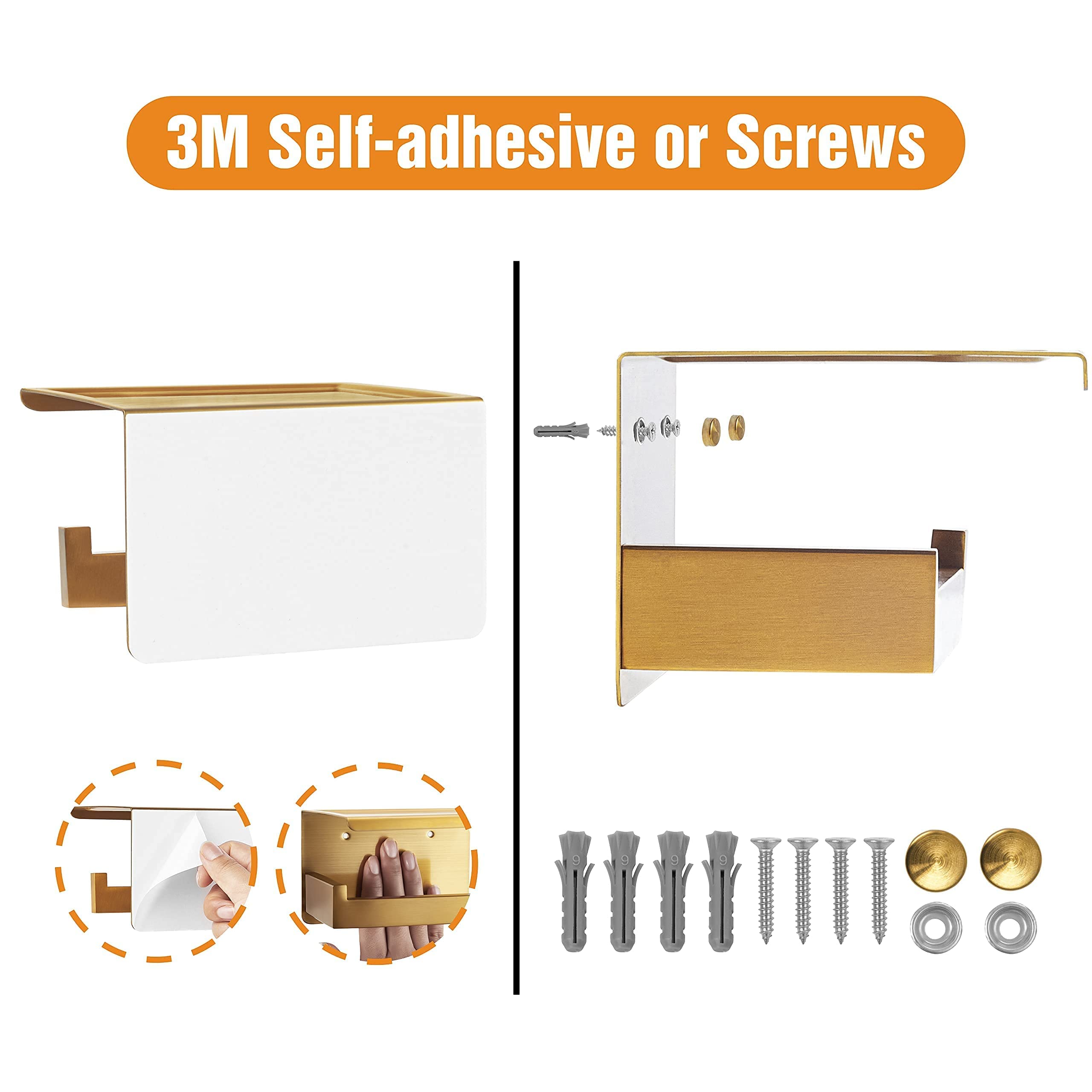 HITSLAM Gold Toilet Paper Holder - Brushed Brass Adhesive Wall-Mounted Bathroom Tissue Holder with Shelf - No Drilling Required, Easy Installation for Small Bathrooms, Apartments and RVs