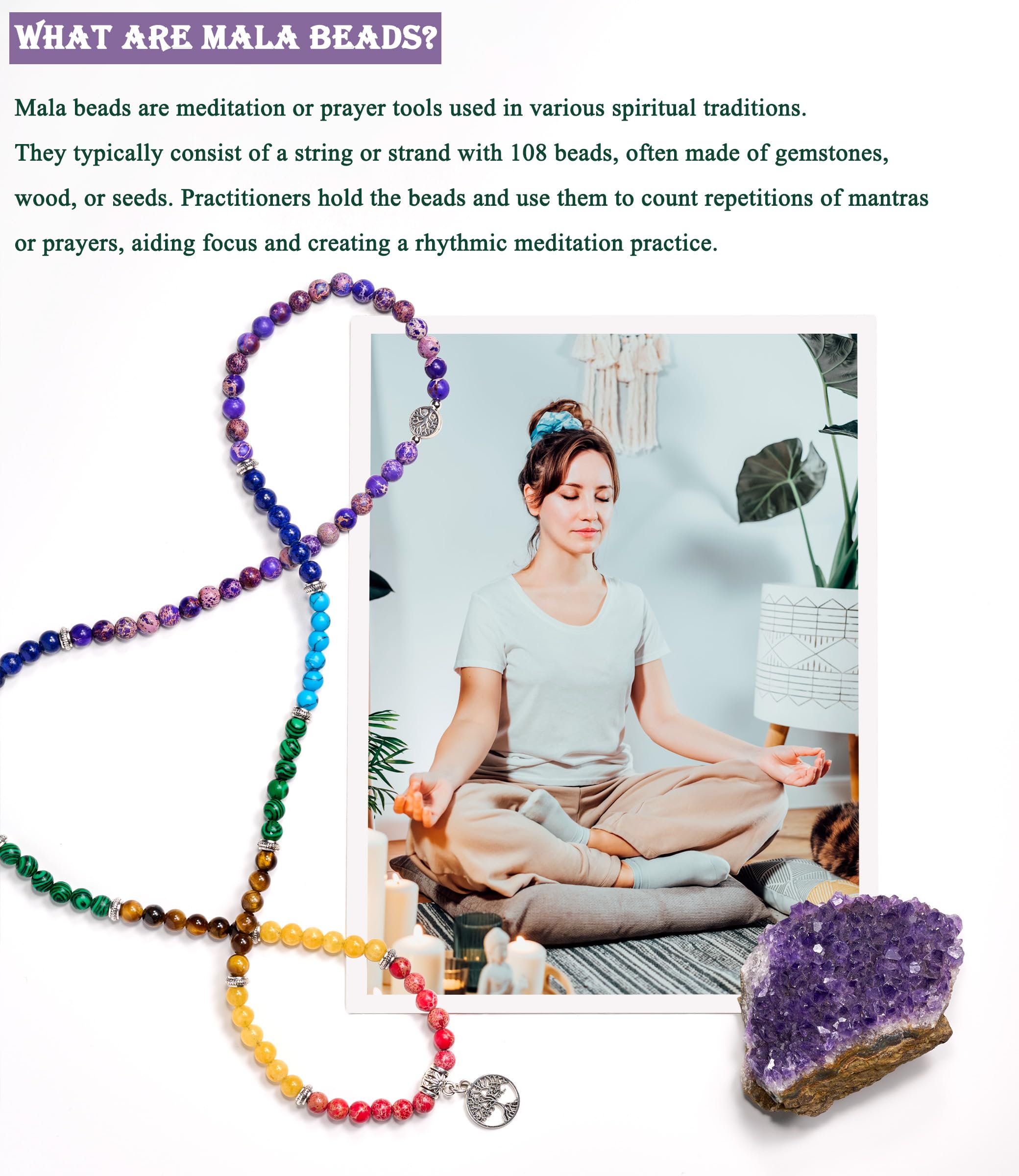 Bivei 108 Mala Beads Necklace - Genuine Gemstone Yoga Meditation Prayer Beads with Lotus Buddha Charm - Long Beaded Wrap Bracelet for Women - Perfect for Yoga, Meditation, Spiritual Healing & Mindful Living