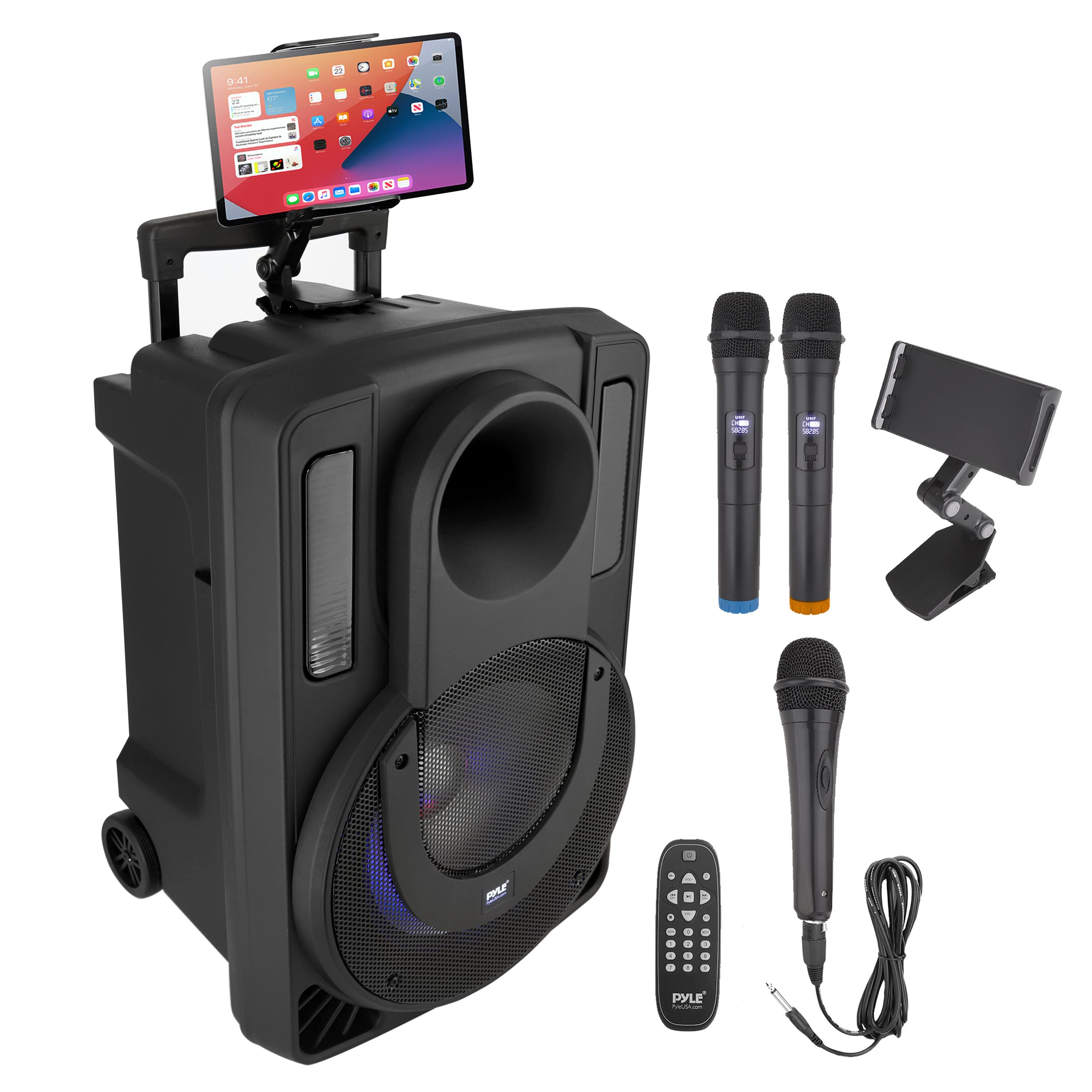 8-Inch Portable PA Speaker System with Bluetooth, Wireless Mics & Party Lights - Perfect for Karaoke, Outdoor Events & DJ Performances | MP3/USB/FM Radio Support | PHPWA8TB