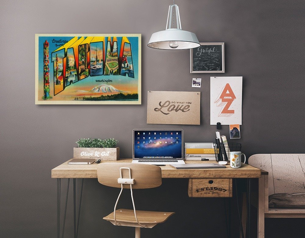 Lantern Press Greetings From Tacoma WA - 16x24 Wrapped Canvas Wall Art Decor - Pacific Northwest Landscape Painting - Perfect for Living Room, Bedroom & Office Decor