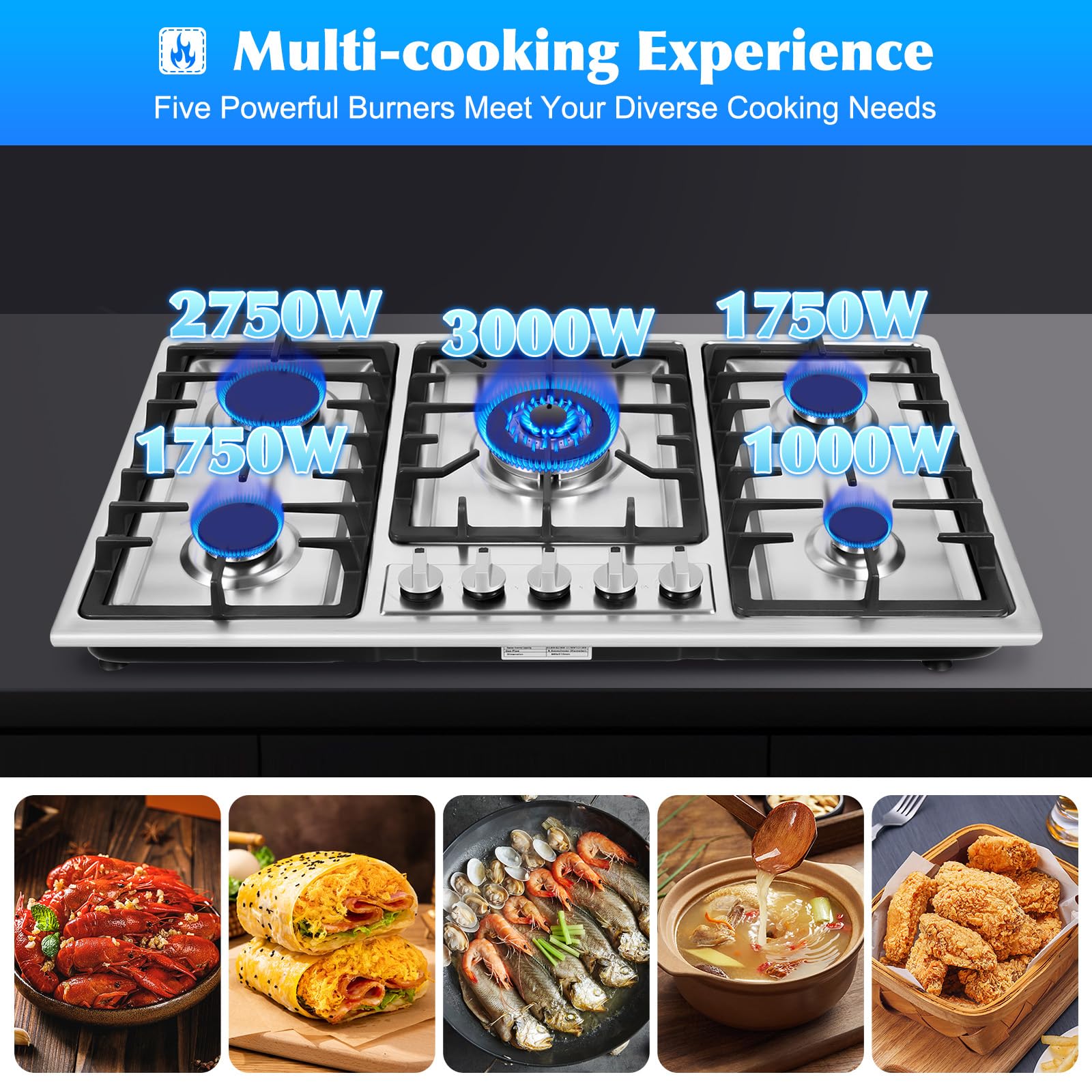 33.8 Inch 5-Burner Built-In Natural Gas Cooktop - Stainless Steel Surface & Cast Iron Grates with Electric Ignition & Flame Failure System (860x500mm) - Perfect for Modern Kitchens, Home Cooking & Professional Chefs