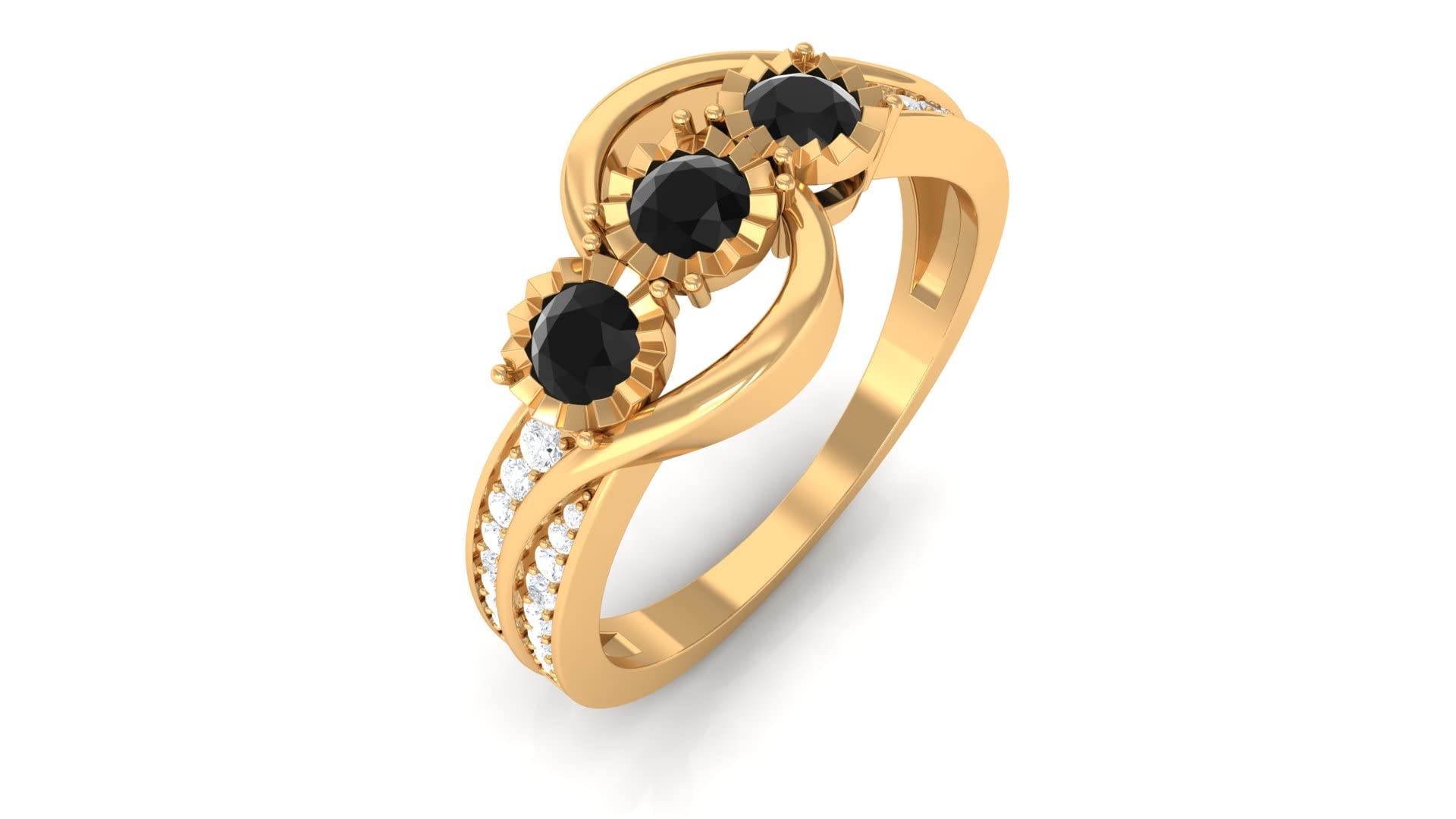 14K Solid Gold Bezel Set Black Diamond Three Stone Ring - 3/4 CT Lab-Created Black Diamond & Moissanite Engagement Ring | Classic Bypass Design for Weddings, Anniversaries & Special Occasions