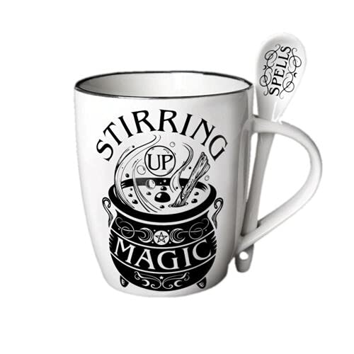 Magic Spells Tea & Coffee Mug Set with Spoon - Witches Brew Cauldron Design for Halloween, Witchcraft & Enthusiasts - Perfect for Witch-Themed Parties, Gifts & Cozy Beverages