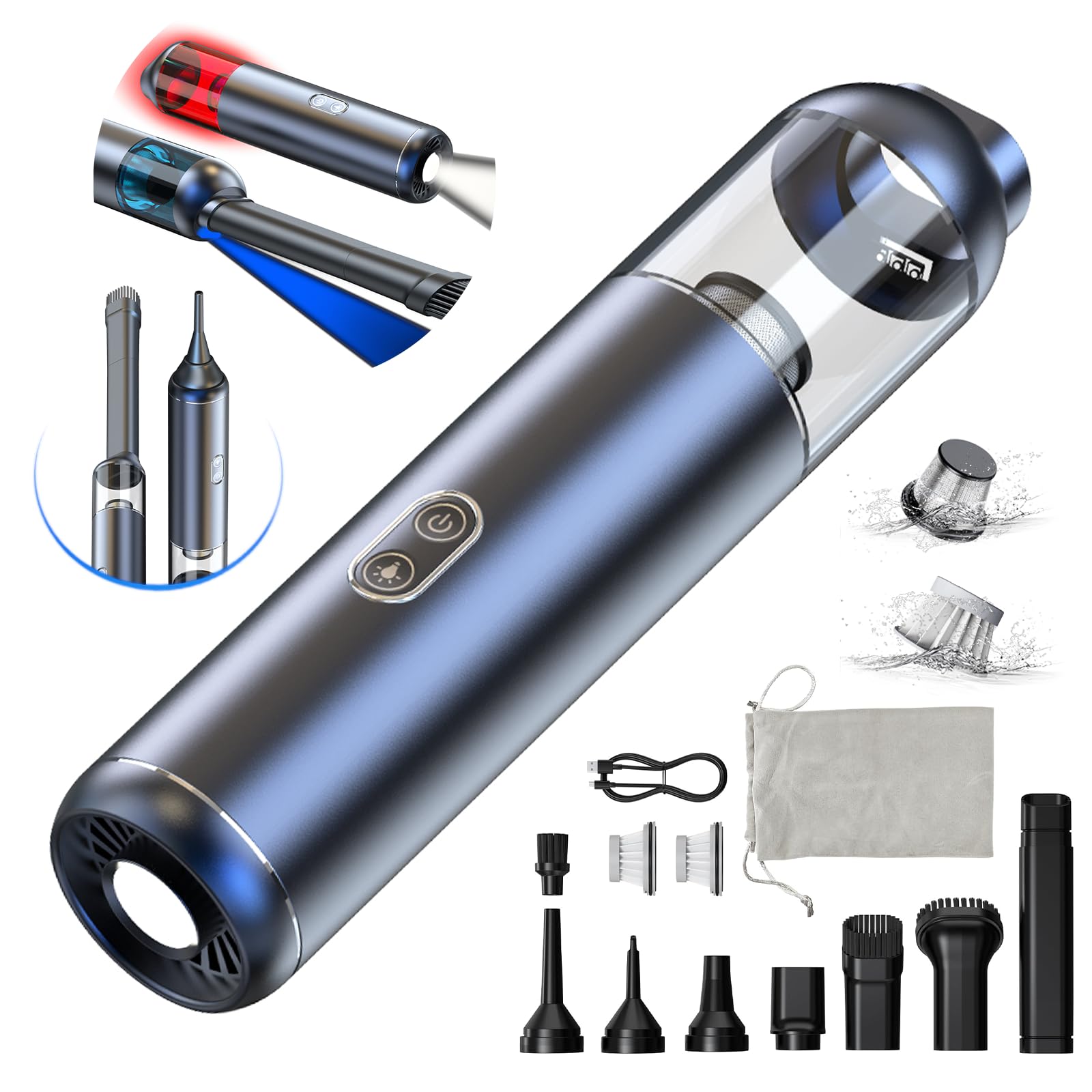 **Powerful 14000PA Cordless Car Vacuum Cleaner - 5-in-1 Handheld Vacuum with Brushless Motor, LED Light & Blow/Suction Function - Portable Mini Vac for Car, Home & Travel - Perfect for Quick Cleanups & Tight Spaces**