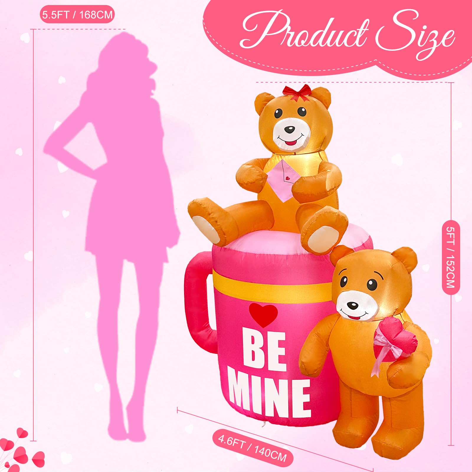 AerWo 5FT LED Lighted Valentine's Inflatable Coffee Cup with Cute Bear - Romantic Outdoor Decor for Valentine's Day, Weddings, and Lawn Parties - Perfect for Backyard, Garden, and Special Event Decorations