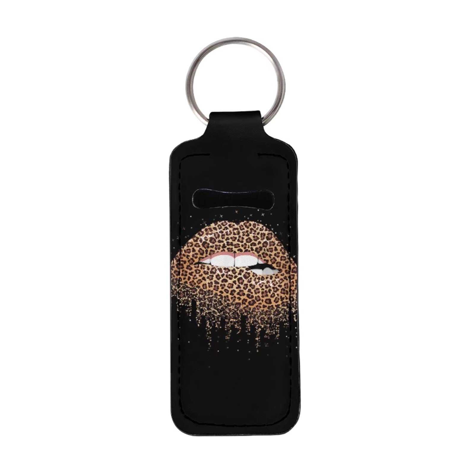 JEOCODY Leopard Print Wristlet Keychain with Chapstick Holder - Stylish Lip Balm Organizer for Purse, Travel & Makeup Storage - Includes Durable Metal Keychains (Perfect for Gym, Office & Daily Essentials)