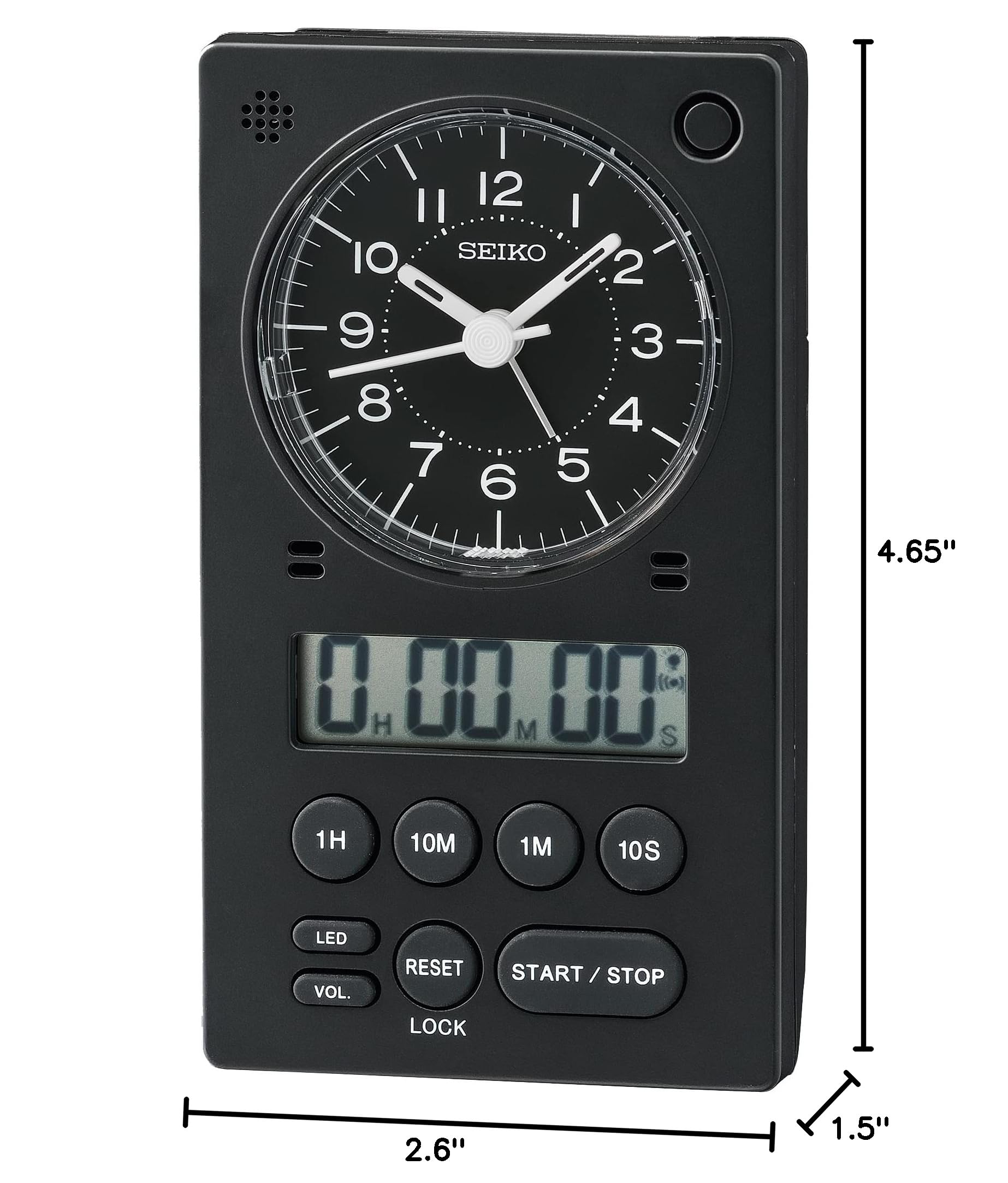 Seiko 3-in-1 Digital Alarm Clock with Stopwatch & Timer - Black | Perfect for Bedroom, Office, and Gym Use