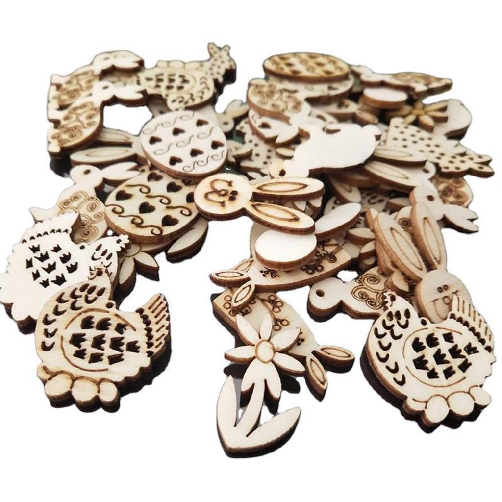100pcs Happy Easter Rabbit Eggs Wood Chips - Hand Carved Easter Decorations for Hanging, DIY Crafts, Easter Basket Fillers, Party Favors, and Home Holiday Decor
