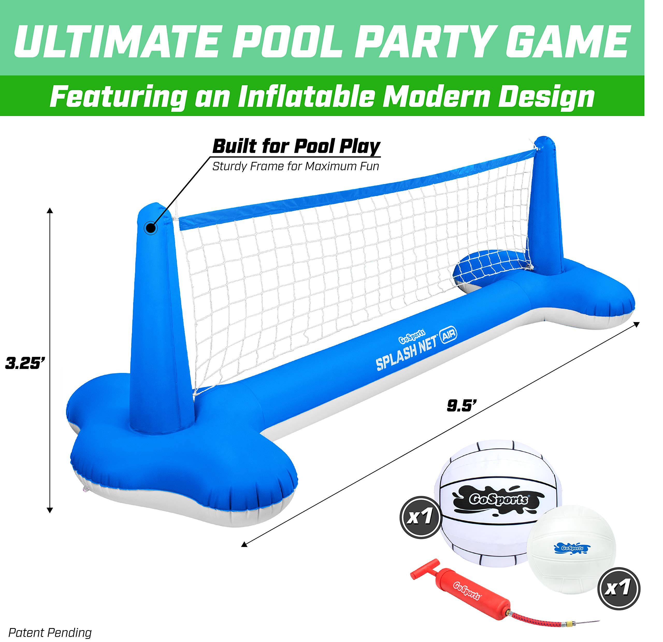 GoSports Splash Net Air Inflatable Pool Volleyball Set - Floating Water Volleyball Net with 2 Balls & Air Pump for Beach, Backyard & Pool Parties | Fun Outdoor Summer Games for Adults & Kids