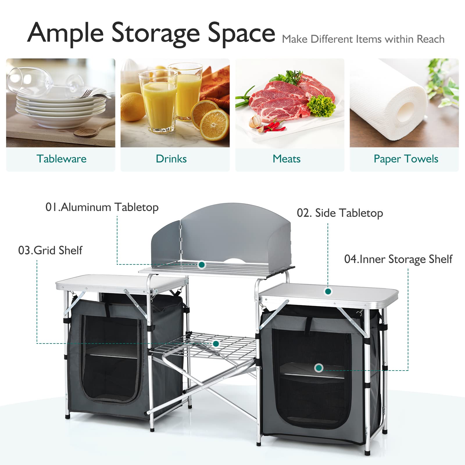 Goplus Folding Camping Kitchen Table with Storage - Aluminum Portable Outdoor Cooking Table with Windscreen - Compact Foldable Camp Table for BBQ, Grill, Picnics & Parties - Perfect for Backpacking, Tailgating & RV Camping Trips
