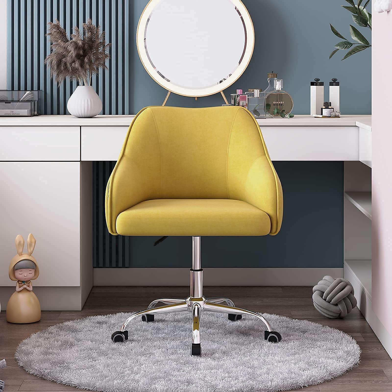 Cute Velvet Swivel Desk Chair with Wheels & Arms - Comfy Home Office Chair for Teen Girls & Kids, Perfect for Study, Makeup Vanity, Bedroom & Living Room