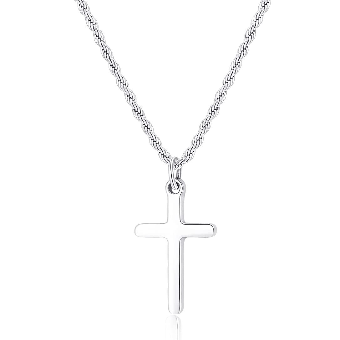 Stainless Steel Cross Necklace for Men & Women - Small Simple Faith Pendant with Twist Rope Chain - 16-24 Inch Adjustable Religious Jewelry Gift for Christmas, Baptism & Daily Wear