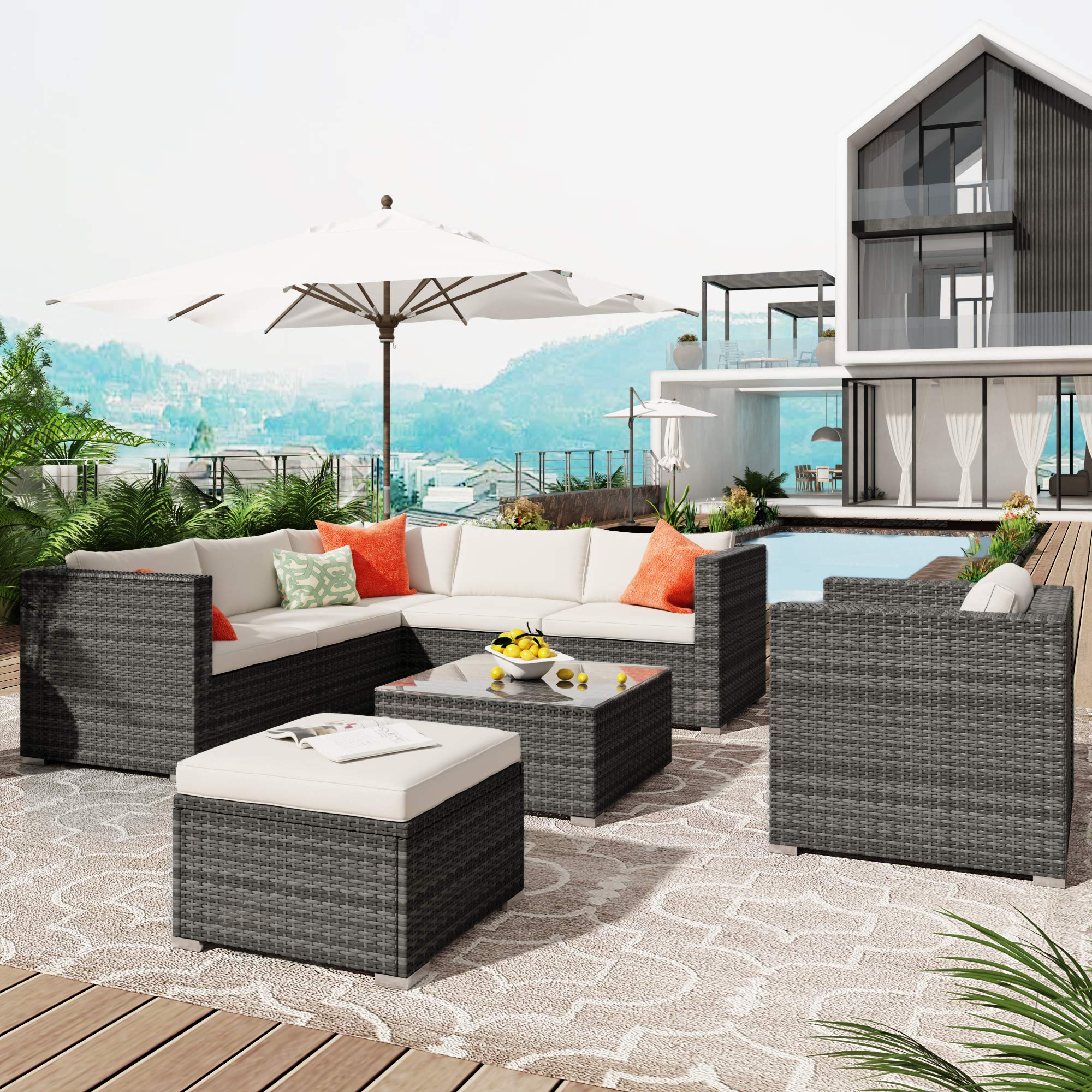 **Merax 8-Piece Patio Furniture Set - All-Weather Outdoor PE Rattan Sectional Sofa with Cushions, Ottoman & Coffee Table - Grey & Beige - Perfect for Backyard, Garden, Poolside & Balcony Relaxation**