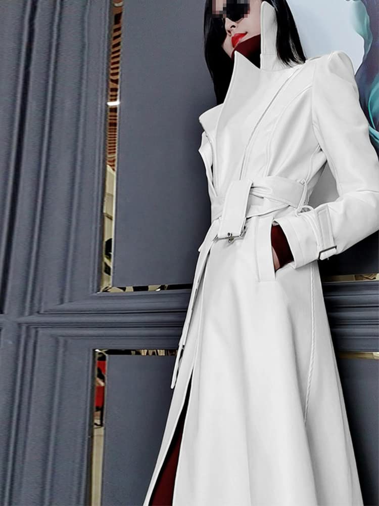 Women's White Long Leather Trench Coat - Spring Runway Fashion Long Sleeve Jacket for Office, Dating & Special Occasions