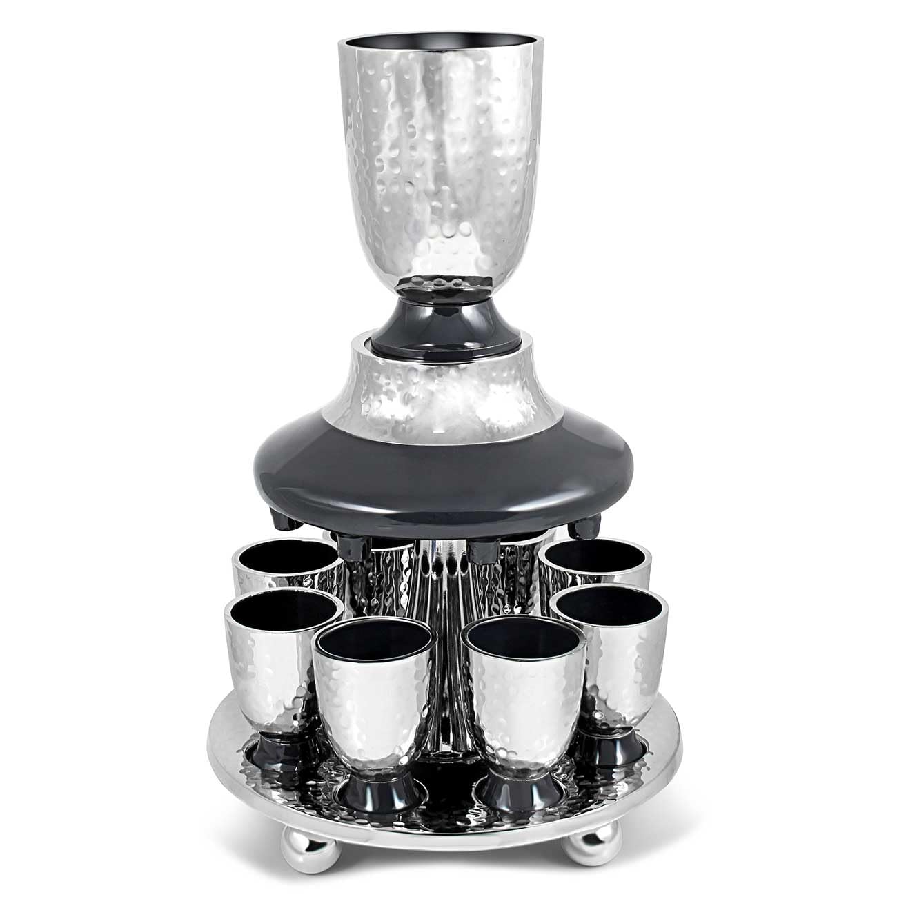 Elegant Hammered Metal Kiddush Cup Wine Fountain Set with Enamel Detailing - Large Goblet & 8 Matching Shot Cups - Perfect for Shabbat, Passover, Jewish Holidays & Wedding Gifts - Zion Judaica Grey Judaica Set for Home Celebrations & Religious Ceremonies