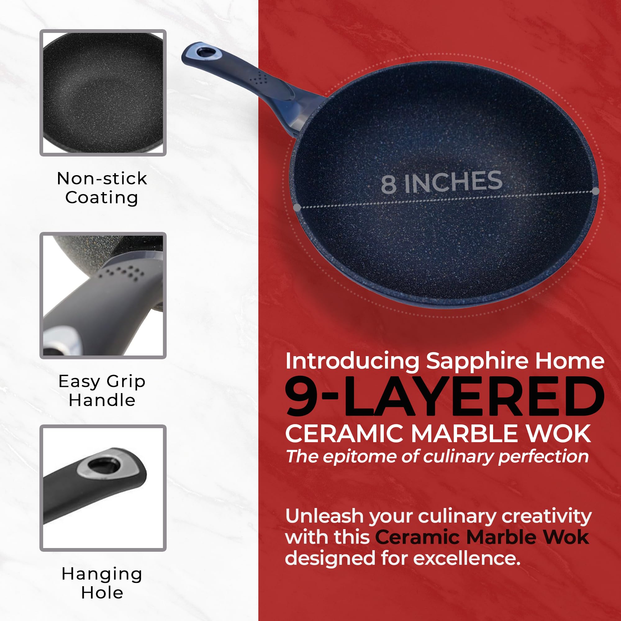 Premium 9-Layered Nonstick Ceramic Wok Pan - 12.5 Inch Korean Marble-Coated Frying Pan for Induction Cooktops - Easy Clean Cast Aluminum Cookware for Sauteing, Stir-Frying, Eggs & Fried Rice - Perfect for Asian Cooking, Home Kitchen & Restaurant Use