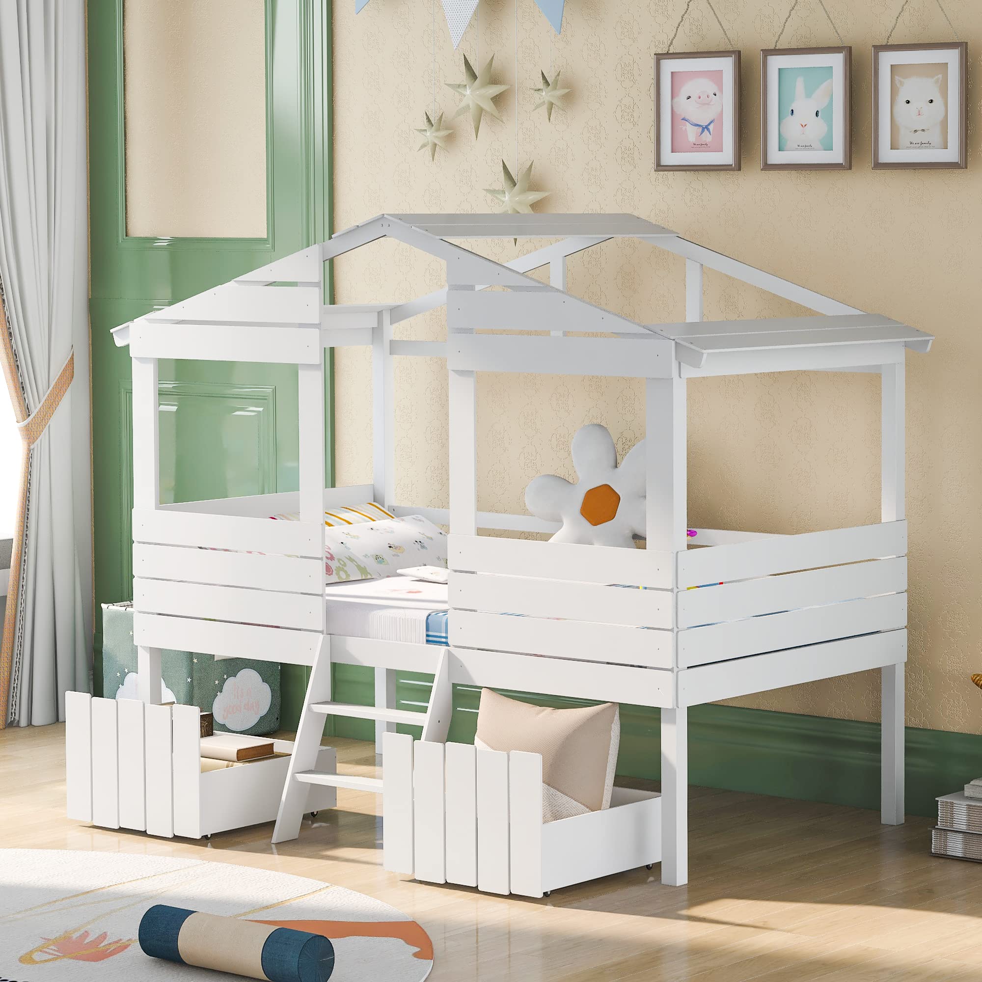 Twin Low Loft Bed with 2 Drawers - House-Shaped Wooden Bed Frame with Roof, Window & Short Ladder - No Box Spring Needed - Perfect for Kids, Boys & Girls Bedroom (White) - Space-Saving Solution for Small Rooms & Playful Sleepovers