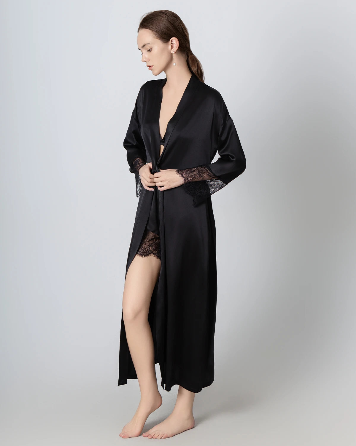 Elegant Full Length Lace Silk Robe for Women - Luxury Bridal Nightgown, Wedding Lingerie & Boudoir Photo Shoot Dress - Perfect for Honeymoon, Anniversary Gift & Special Occasions