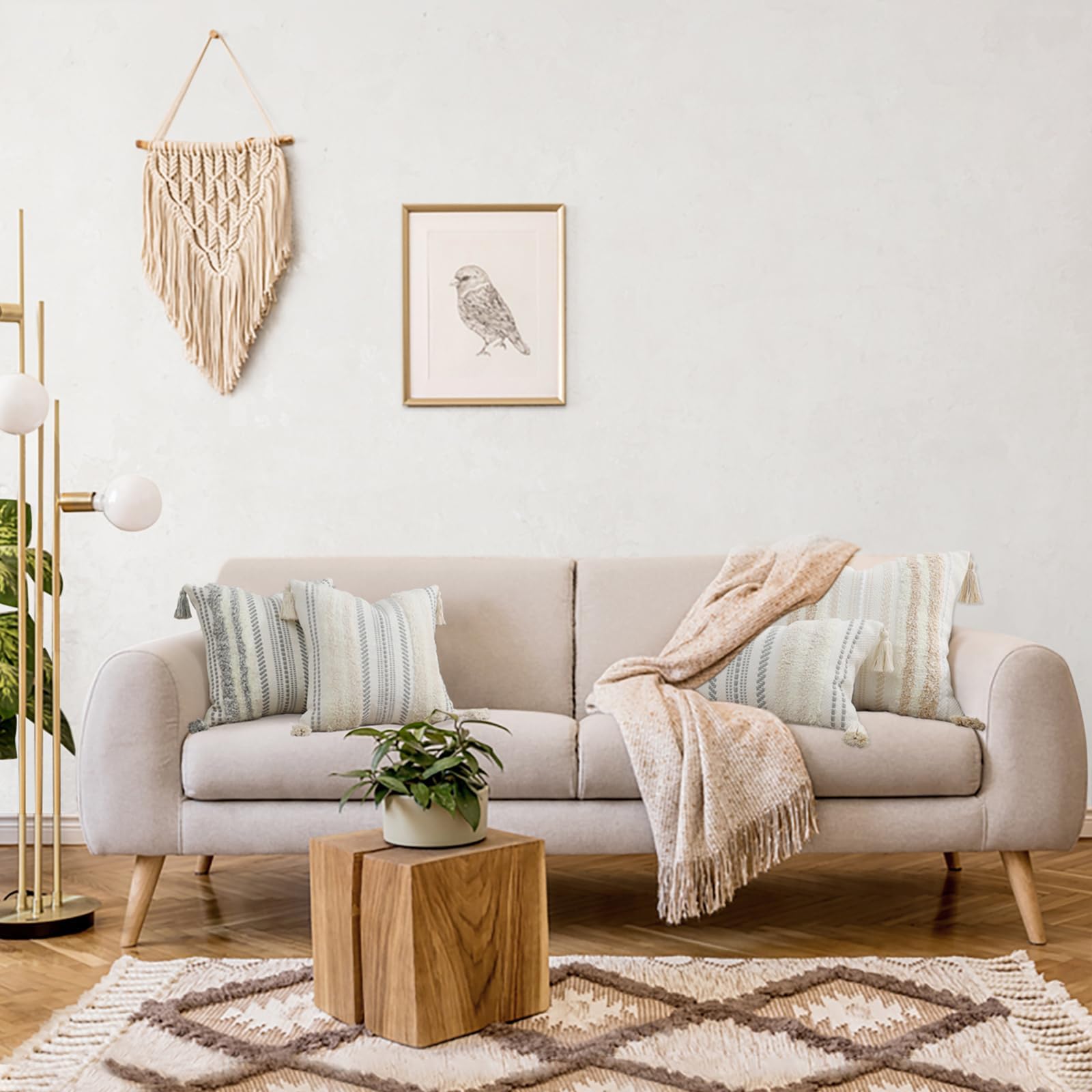 Boho Throw Pillow Covers 20x20 Set of 2 - Neutral Textured Tufted Decorative Pillow Covers for Couch, Bed, Sofa & Living Room - Striped Khaki and Cream White - Perfect for Bohemian Home Decor & Cozy Interior Styling
