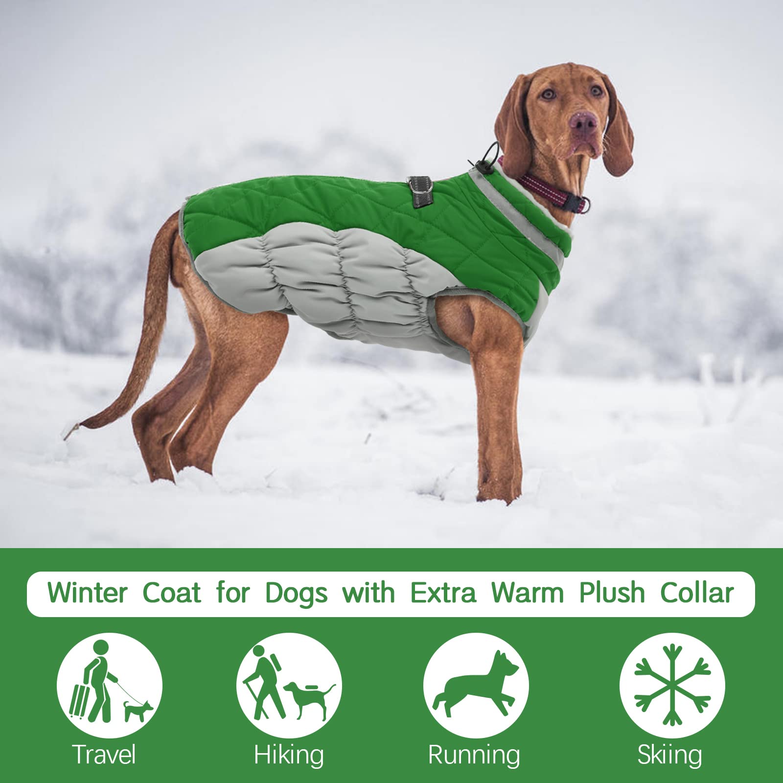 FUAMEY Waterproof Windproof Dog Winter Coat - Warm Fleece Vest with Reflective Strips & Built-in Harness | Cold Weather Snow Jacket for Large Dogs (Green, XL) | Perfect for Outdoor Walks, Hiking & Winter Adventures