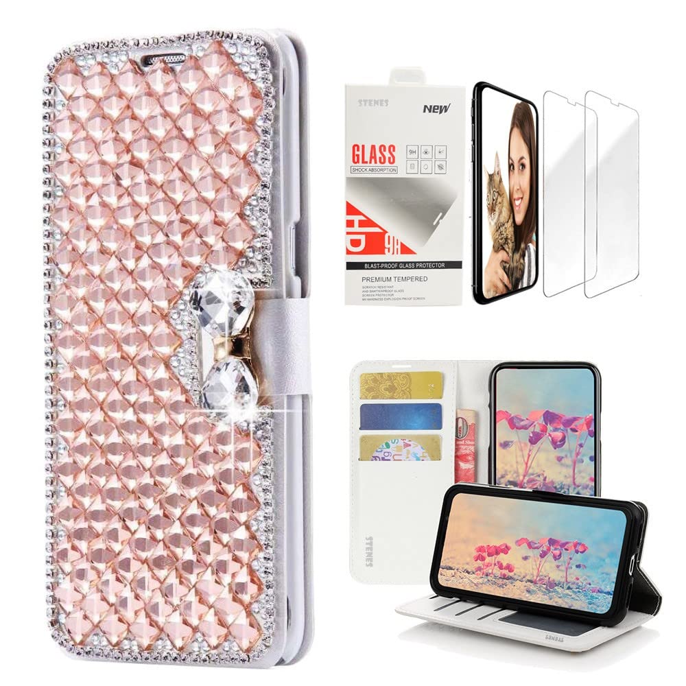 STENES Bling Wallet Phone Case for iPhone 13 Mini - 3D Handmade Lattice Bowknot Leather Cover with Screen Protector [2 Pack] - Champagne Gold - Stylish & Protective Phone Wallet Case for Women - Perfect for Parties, Dating & Everyday Use