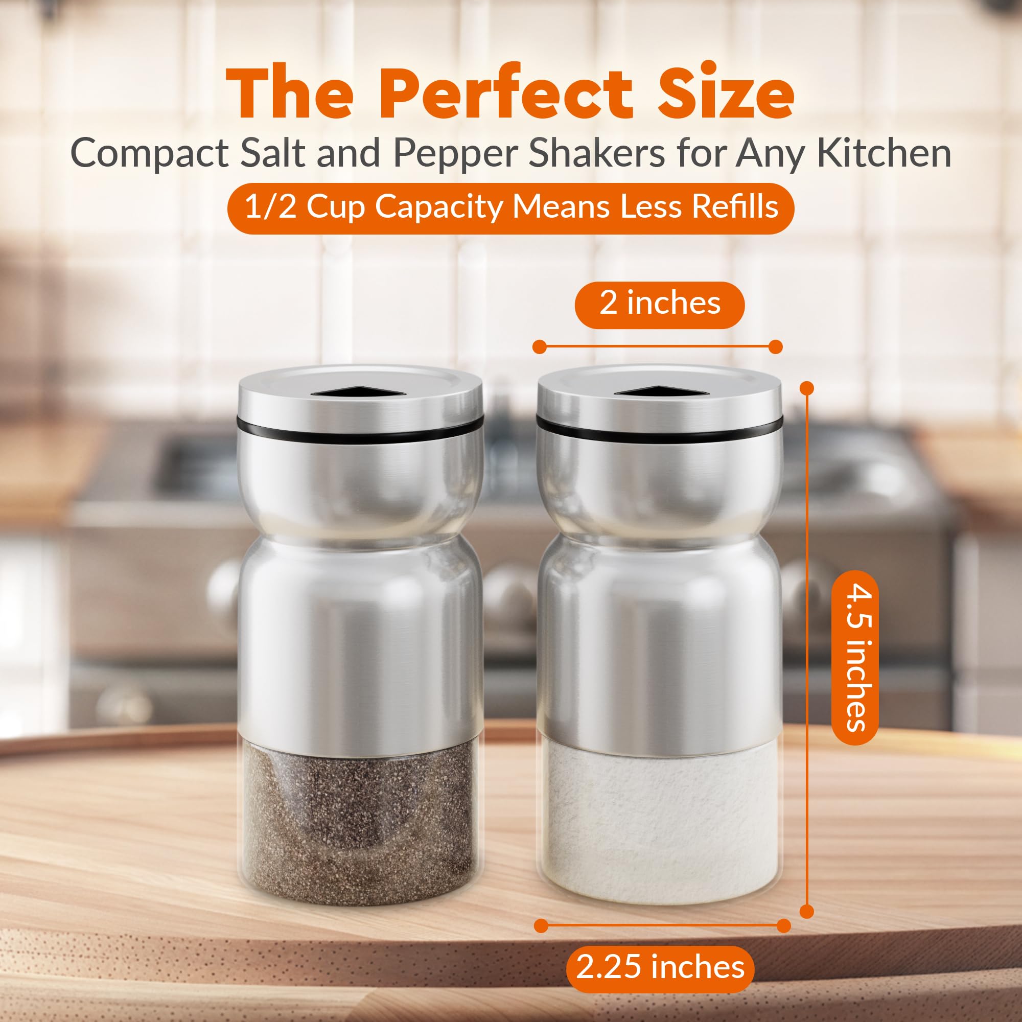 Premium Glass & Stainless Steel Salt and Pepper Shakers Set with Adjustable Pour Holes - Farmhouse Style Spice Dispenser for Salt, Pepper & Seasonings - Perfect for Kitchen, Dining Table & Restaurant Use