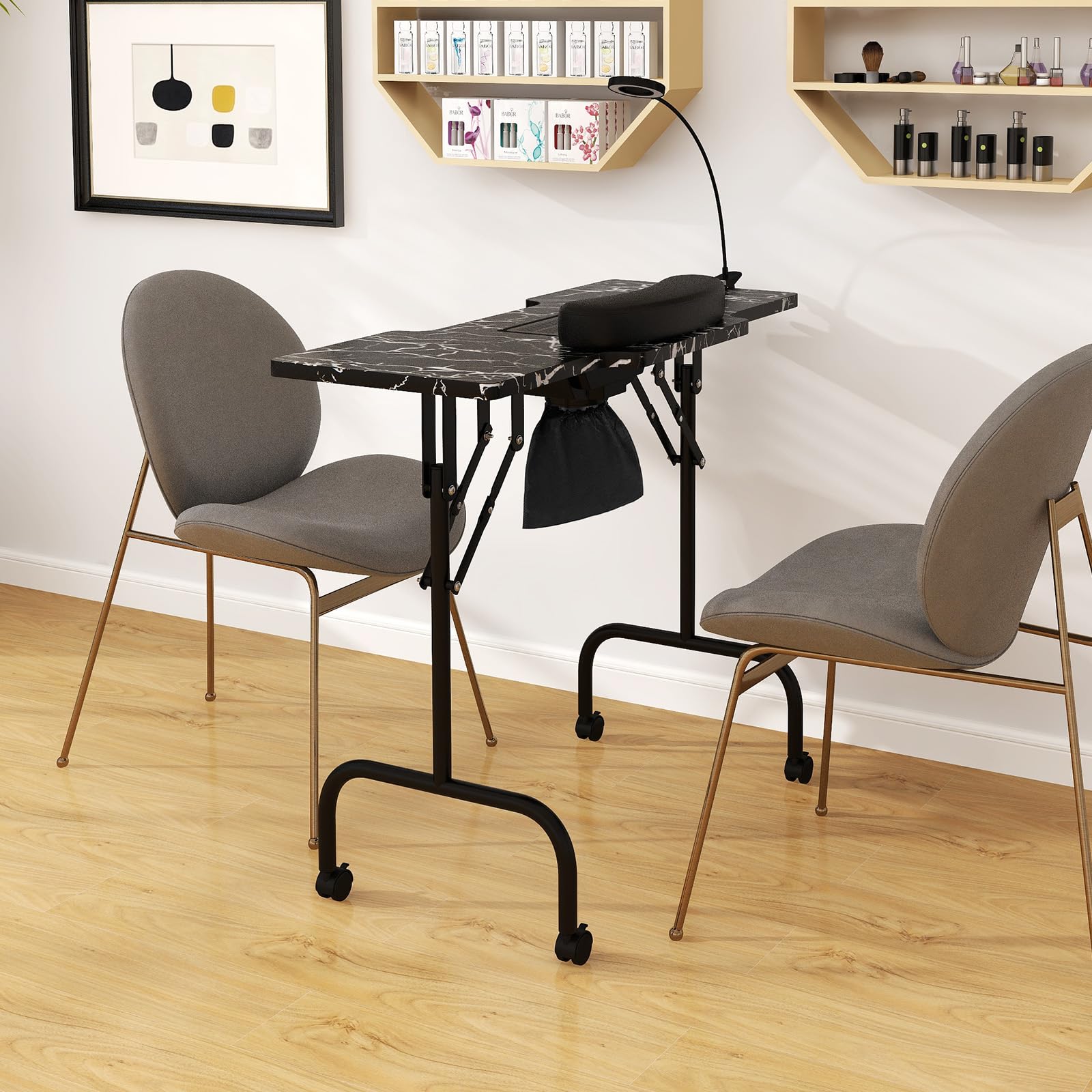 Giantex Foldable Nail Tech Desk with Built-in Dust Collector Fan, Adjustable LED Light & Wrist Pad - Portable Manicure Table with 4 Lockable Wheels & Carrying Case (Marble Black) | Perfect for Salon Professionals & Home Nail Artists