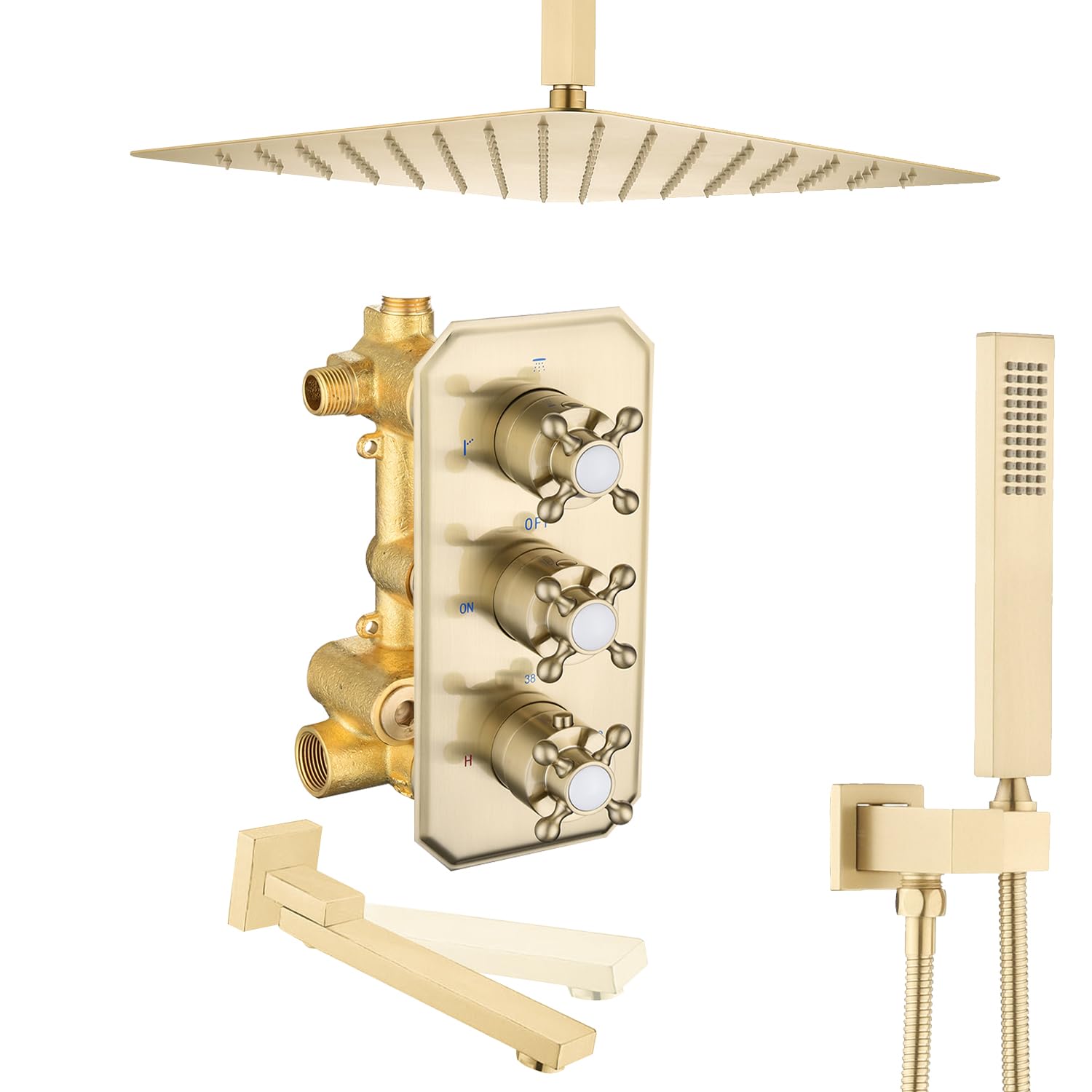 Brushed Gold Thermostatic Shower System with 12-Inch Ceiling Mount Rain Shower Head & Tub Spout - Adjustable Temperature Control Valve for Bathroom - Perfect for Luxurious Spa-Like Showers and Relaxing Baths