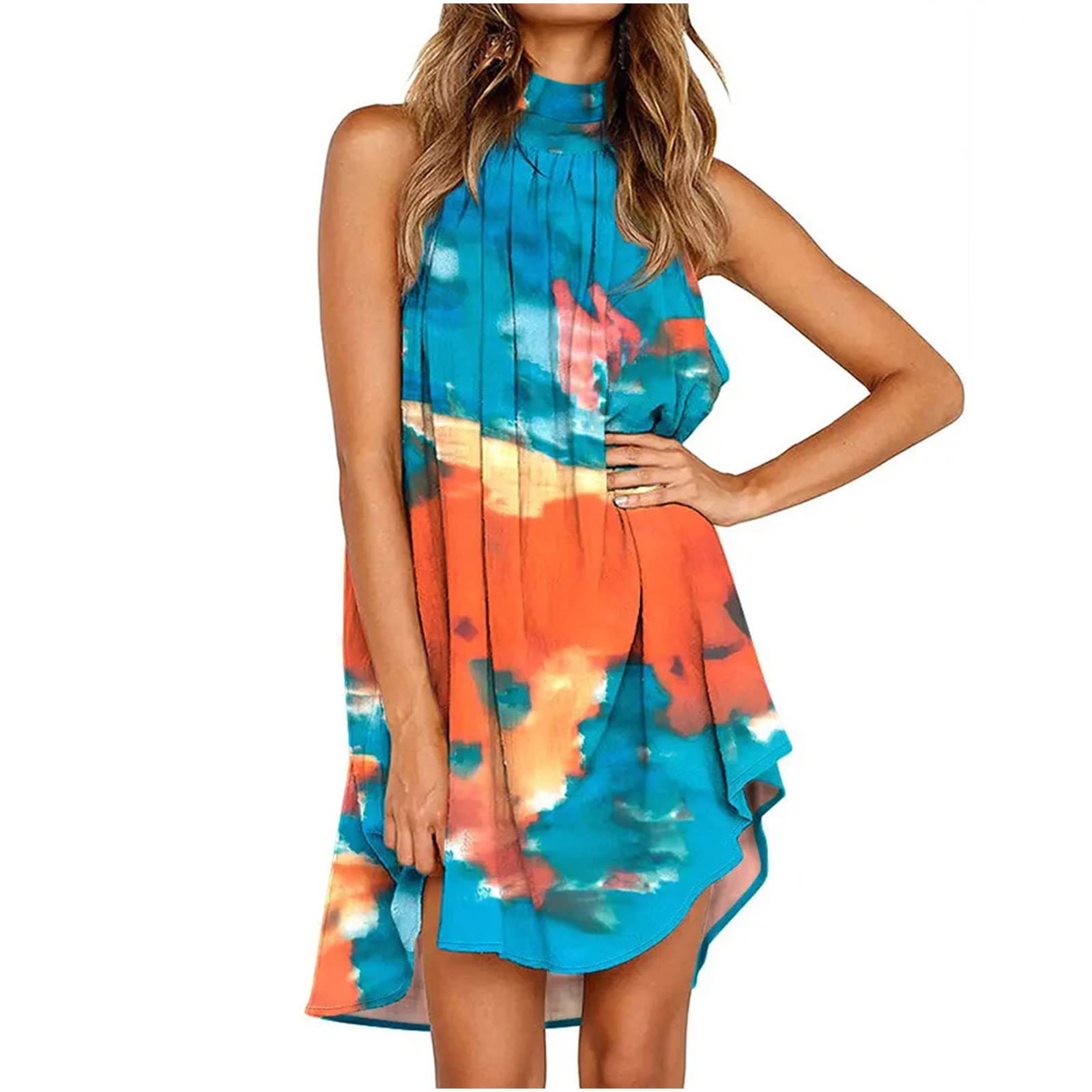 Elegant Women's High Neck Sleeveless Floral Sundress - Summer Casual Flow Cocktail Party Dress for Beach, Wedding & Outdoor Events