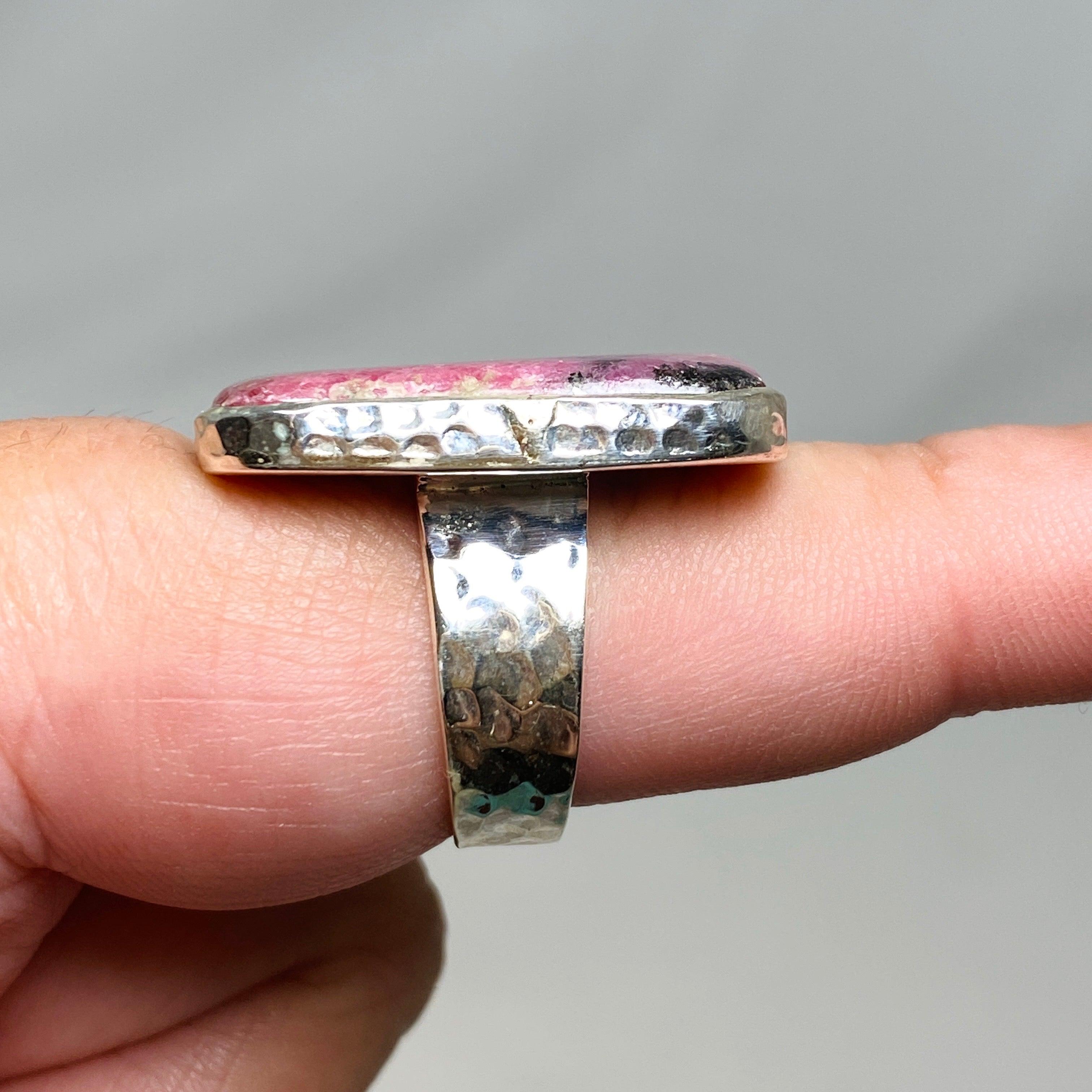 Rhodonite Rectangle Ring in Hammered Silver Setting - Size 9.5 (KRGJ3212) | Healing Stone Jewelry for Women, Meditation & Spiritual Gifts