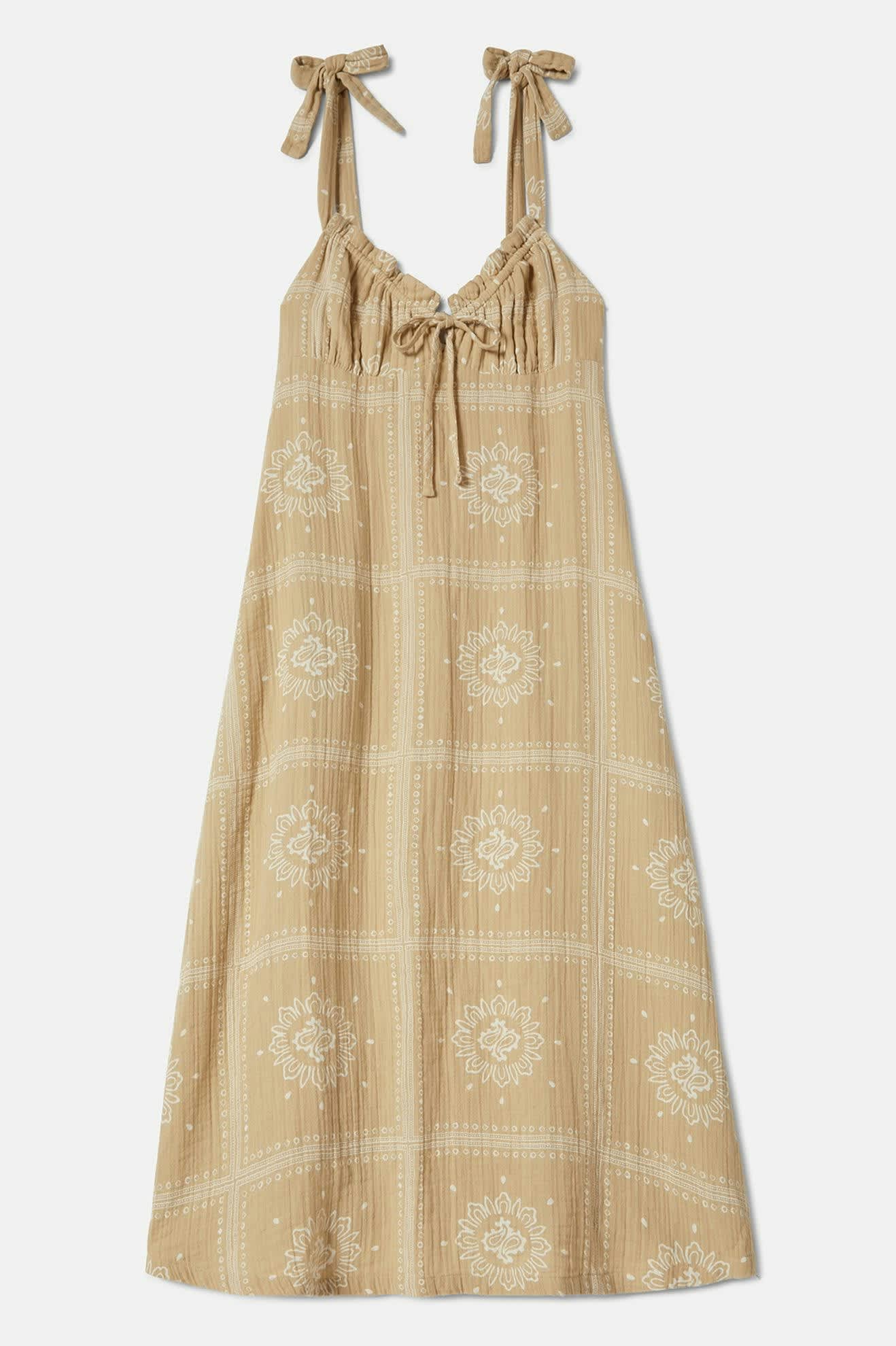 Wandering Tie Dress in Pale Khaki Bandana Print - Stylish Flowy Midi Dress for Women, Perfect for Summer Outings, Beach Vacations & Boho Chic Fashion