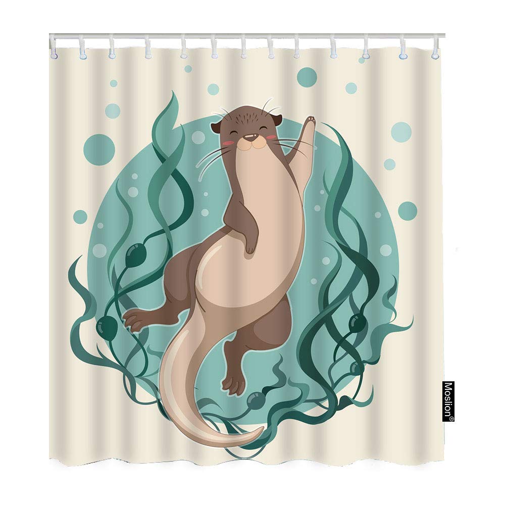 Otter Shower Curtain Set - 72x72 Inch Ocean Theme Bathroom Decor with Sea Otters, Bubbles & Seaweed - Waterproof Polyester Fabric with Hooks (Perfect for Kids' Bathroom, Beach House, or Nature-Inspired Home Decor)