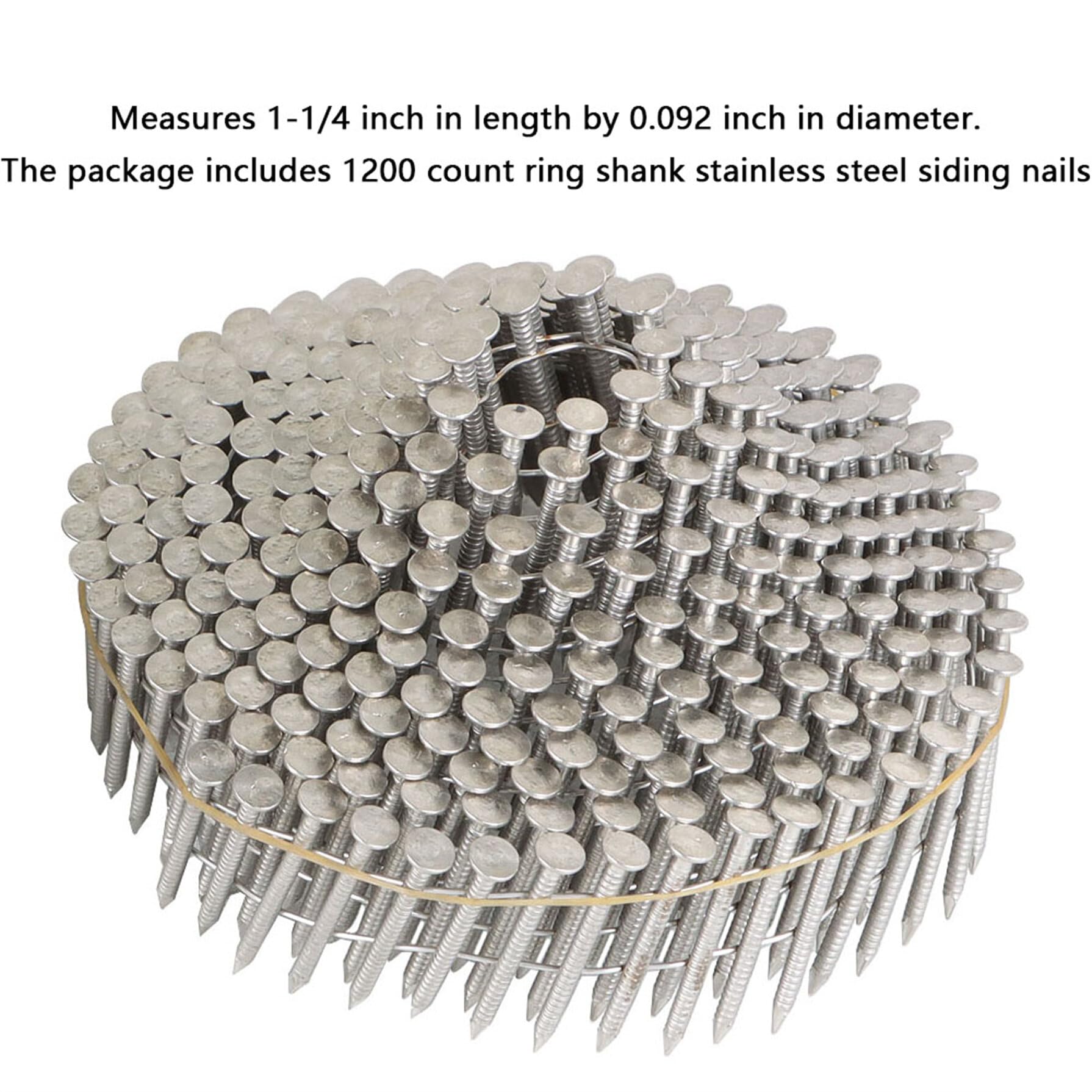 1200Pcs 1-1/4 Inch Coil Roofing Ring Shank Nails - 304 Stainless Steel 15° Coiled Siding Nails with Small Cap for Roofing, Fencing & Exterior Wood Projects | Weather-Resistant Construction Nails