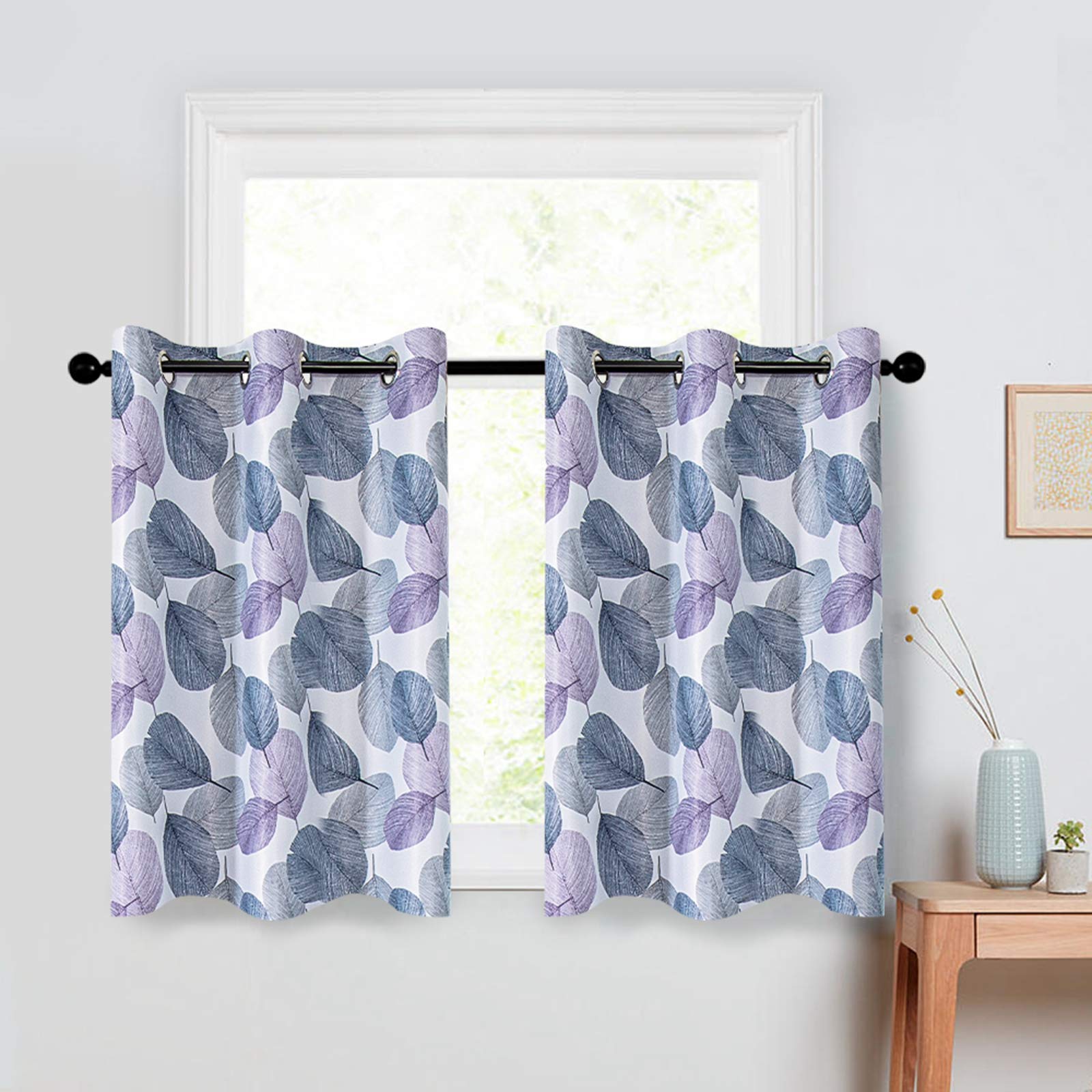 MRTREES 36 Inch Short Tier Curtains - Grey Leaf Print Room Darkening Cafe Curtains for Kitchen, Bathroom & Small Windows (Set of 2 Panels with Grommet Top) - Perfect for Basement, Bedroom & Cozy Home Decor
