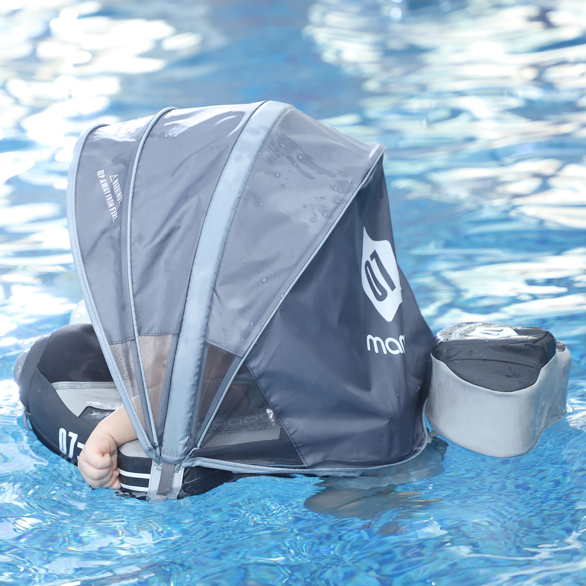 Upgraded Mambobaby Float with Canopy & Adjustable Safety Strap - Non-Inflatable Infant Swim Trainer Waist Ring for Babies (Grey Airplane) - Perfect for Pool, Beach & Water Safety Training