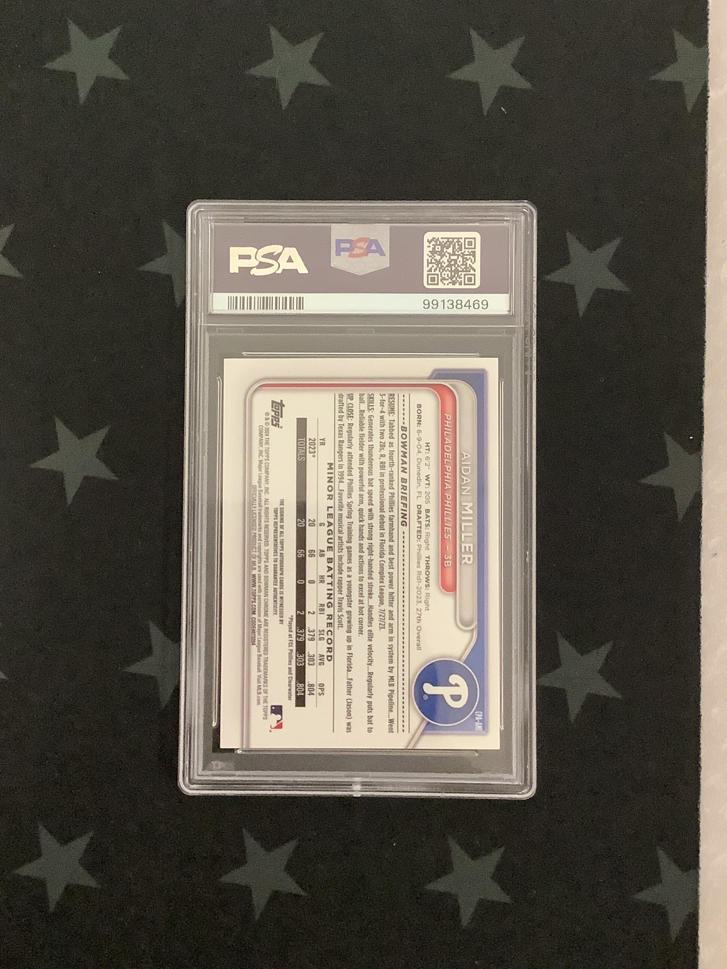 2024 Bowman Chrome Aidan Miller Prospect Auto Mini Diamond Refractor /100 PSA 9 Mint - Rare Baseball Trading Card for Collectors & Investors - Perfect for Sports Memorabilia Displays & Card Shows