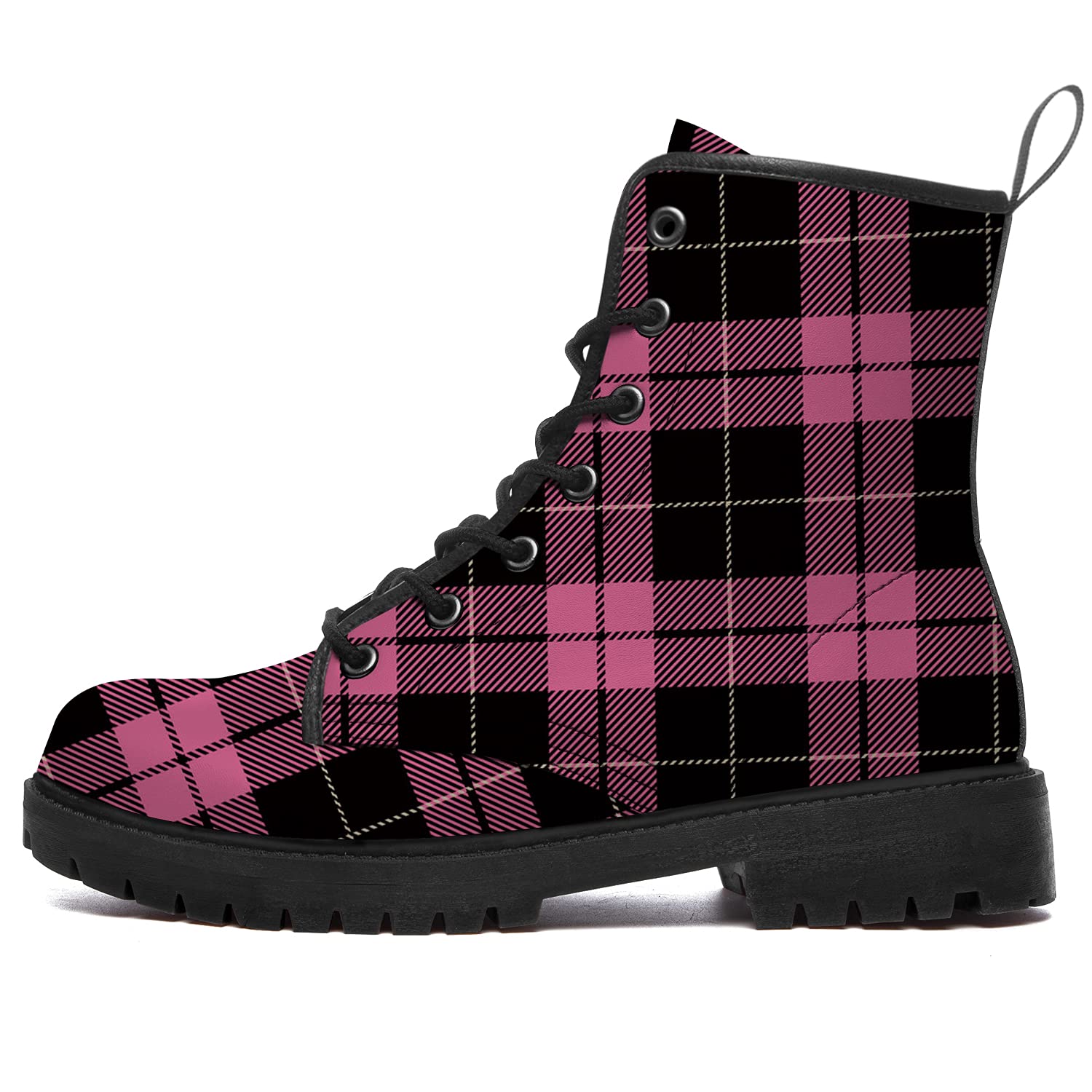Waterproof Anti-Slip Buffalo Plaid Combat Boots for Women & Men - Lace Up Ankle Booties with Low Heel - Durable Work Boots for Outdoor, Hiking & Winter Wear - Perfect Gift for Him & Her
