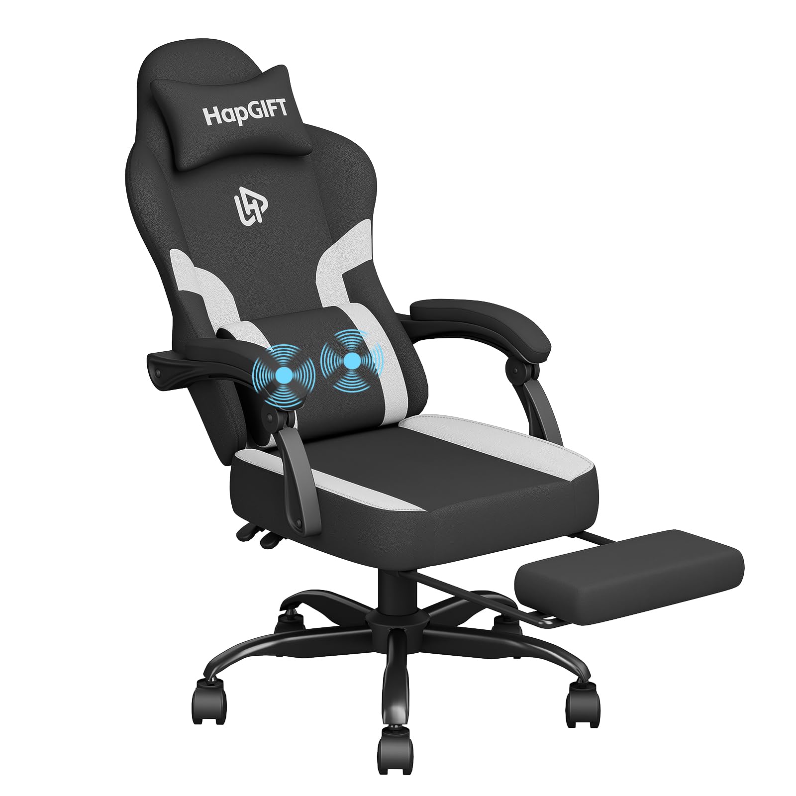 HapGIFT Ergonomic Gaming Chair with Massage Lumbar Support & Footrest - Adjustable High Back Office Computer Chair with Headrest - Breathable Technical Fabric for Adults (Black-White) - Perfect for PC Gaming, Home Office & Streaming Setup