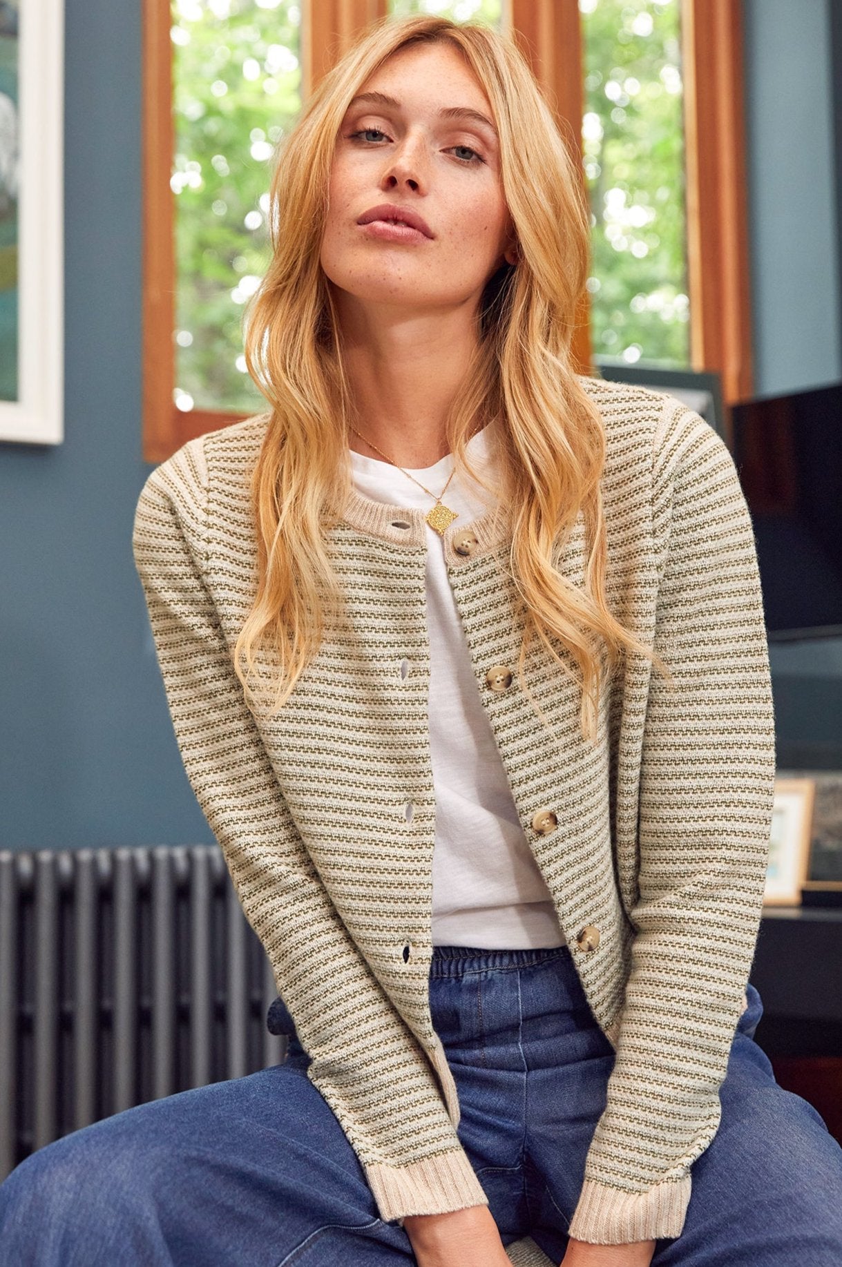 Premium Merino Wool Jacquard Brittany Cardigan for Women - Soft & Warm Green/Natural Knit Sweater - Perfect for Fall, Winter & Cozy Office Wear