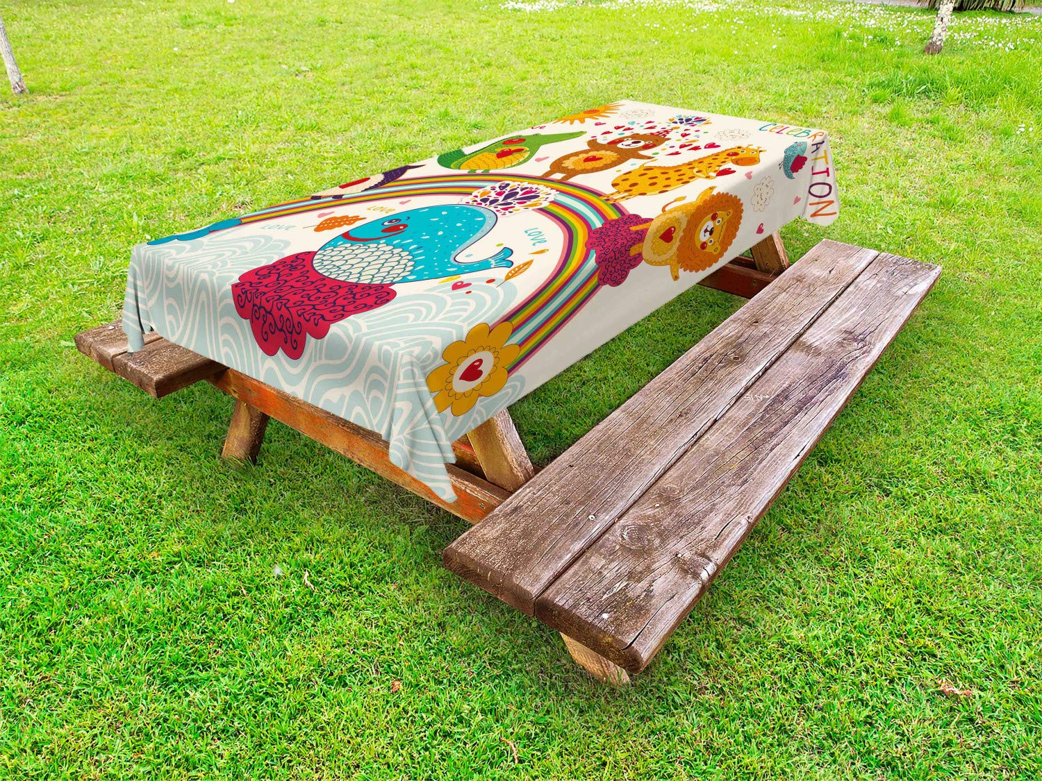 Ambesonne Birthday Party Tablecloth - Hand Drawn Tropical Animals & Whale Rainbow Design - Waterproof Washable Picnic Table Cover 58x84 Inches - Perfect for Outdoor Parties, BBQs, Beach Picnics & Birthday Celebrations