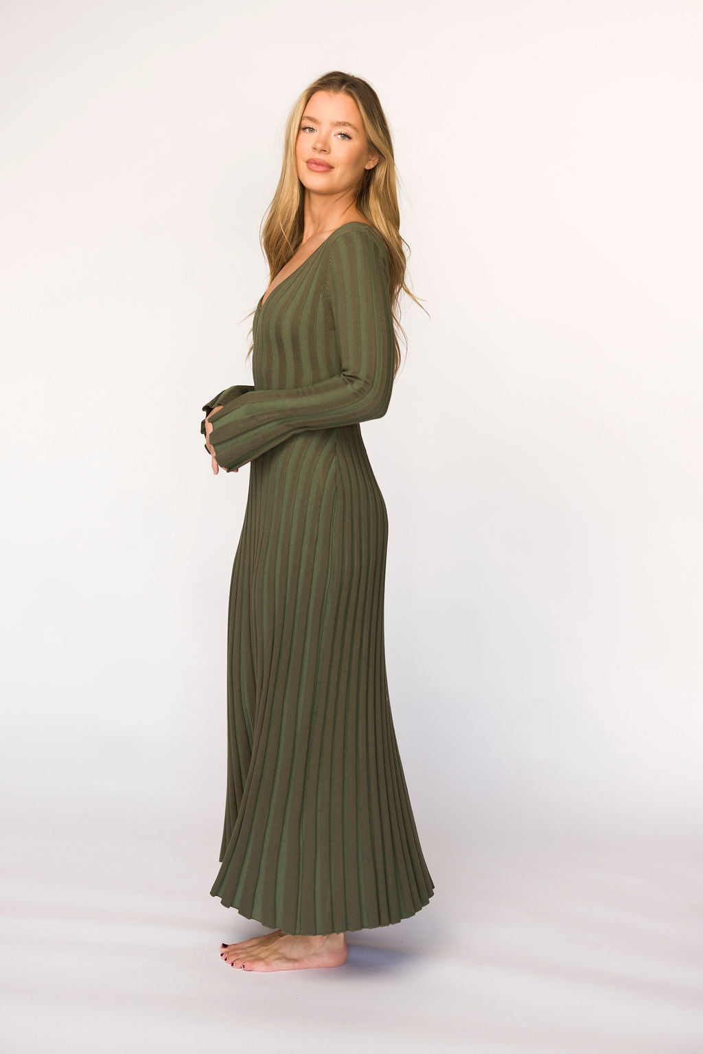 Hadley Long Sleeve V Neck Knit Maxi Dress in Olive - Bump Friendly Maternity Dress for Pregnancy, Nursing & Postpartum | Comfortable Stretchy Fabric for Casual Wear, Date Night & Special Occasions