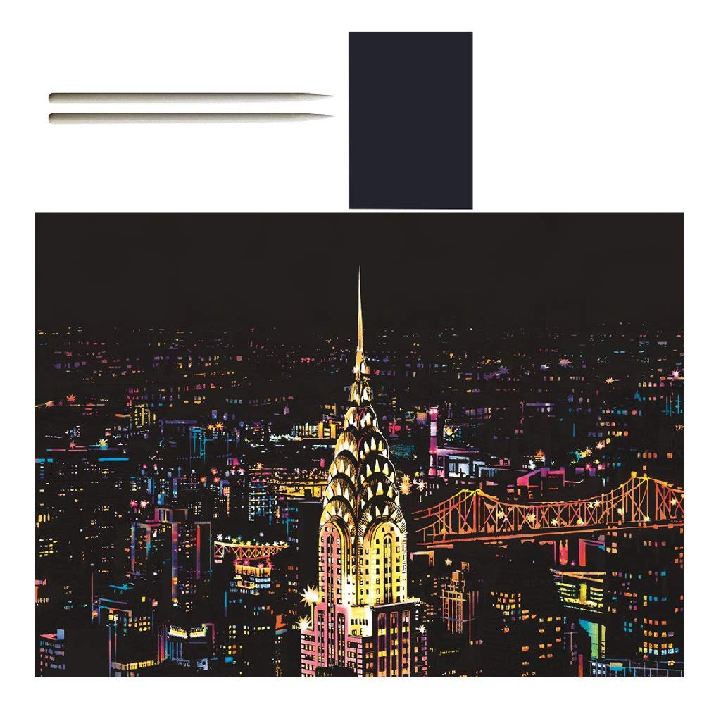 Binory 2PCS Magic Rainbow Scratch Art Paper Set with Wooden Stylus - DIY City Night Scene Scratch Cards for Kids, Fun Educational Arts & Crafts Kit, Stress Relief Creative Gift (Empire State Building Design) - Perfect for Birthday Parties, Classroom Activities & Family Bonding Time