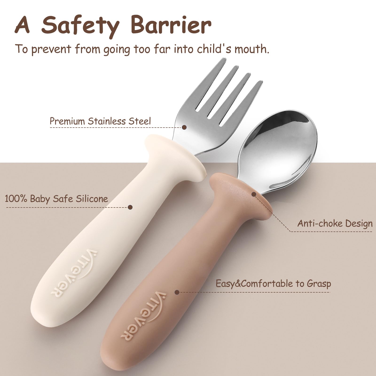 6-Piece Toddler Utensil Set with Silicone Handle - BPA-Free Kids Safe Spoons & Forks - 18/8 Stainless Steel & Food-Grade Silicone - Dishwasher Safe - Perfect for Baby-Led Weaning, Preschool Meals & Travel Feeding (Tan)