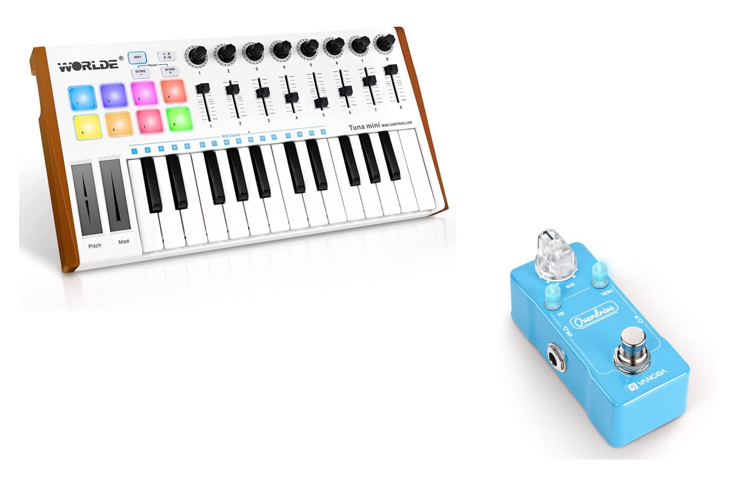 Vangoa Worlde Tuna Mini MIDI Keyboard Controller Bundle with Overdrive Guitar Pedal - Perfect for Music Production, Live Performance & Home Studio Recording