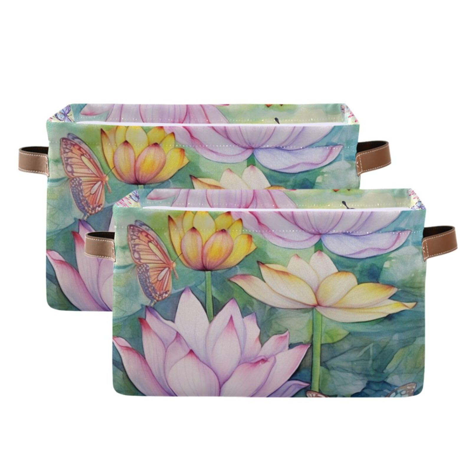 Lotus Painting Foldable Fabric Storage Baskets - 2 Pack Rectangle Canvas Organizer with Handles for Clothes, Home & Office Organization | Perfect for Closet Shelves, Bedroom Decor & Laundry Room Storage