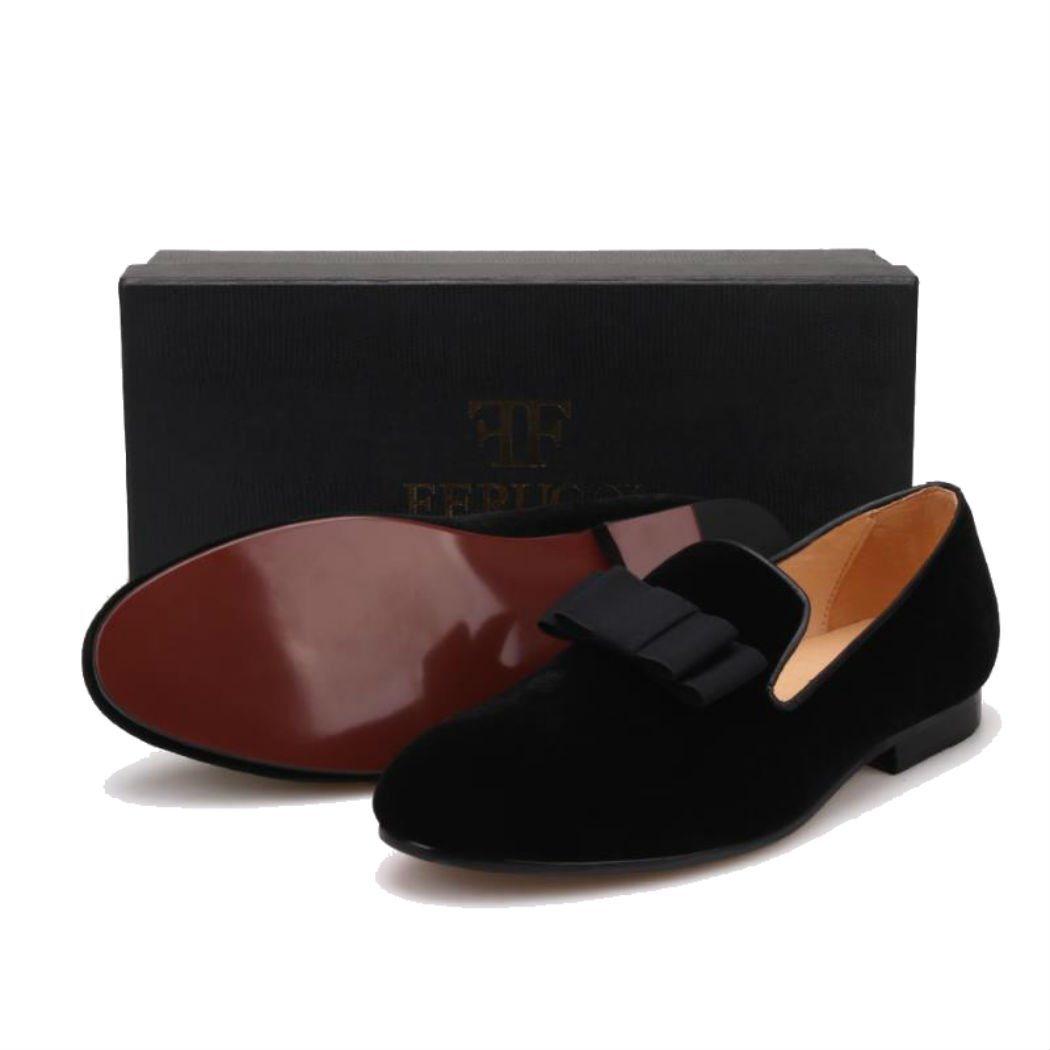 FERUCCI Handmade Men's Black Velvet Loafers with Black Bow - Comfortable House Slippers for Indoor Relaxation & Lounge Wear